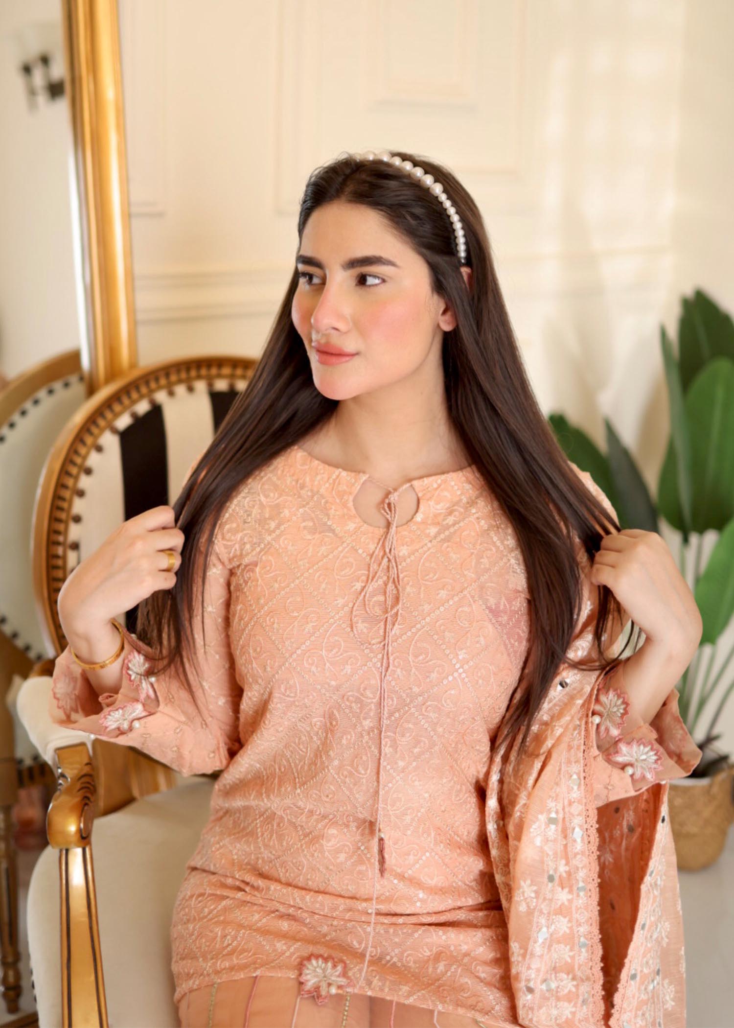 cotton net Kurta Set in Peach pink