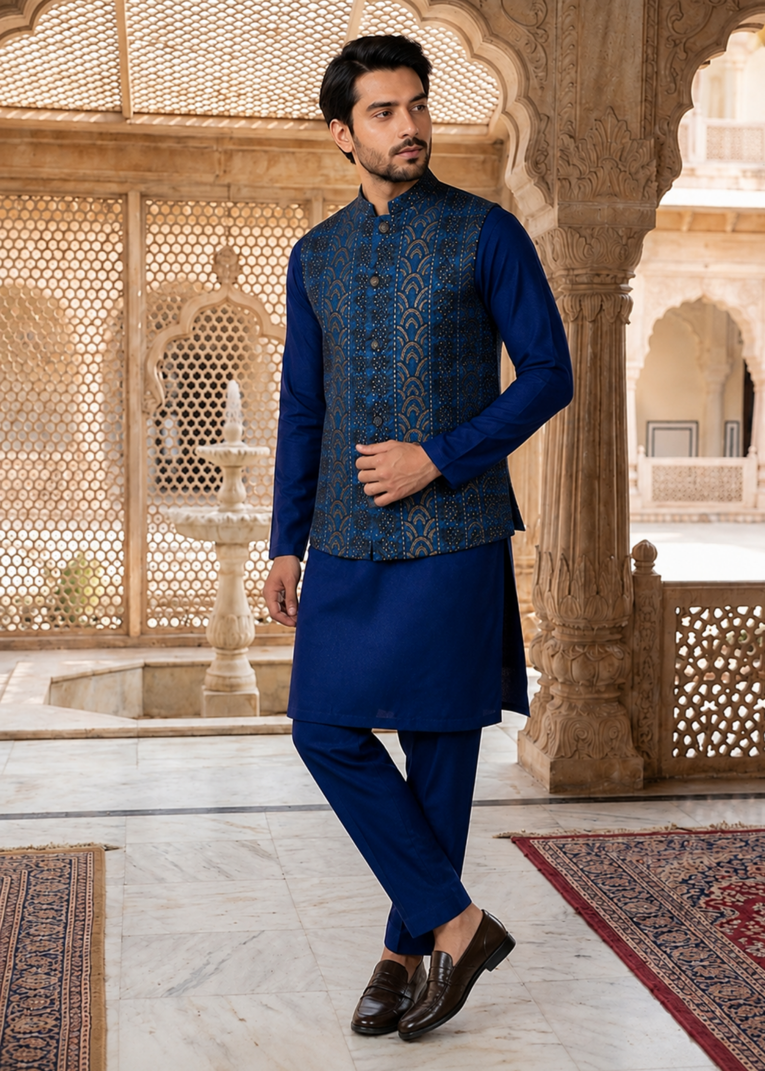 jamawar Waistcoat in Midnight blue