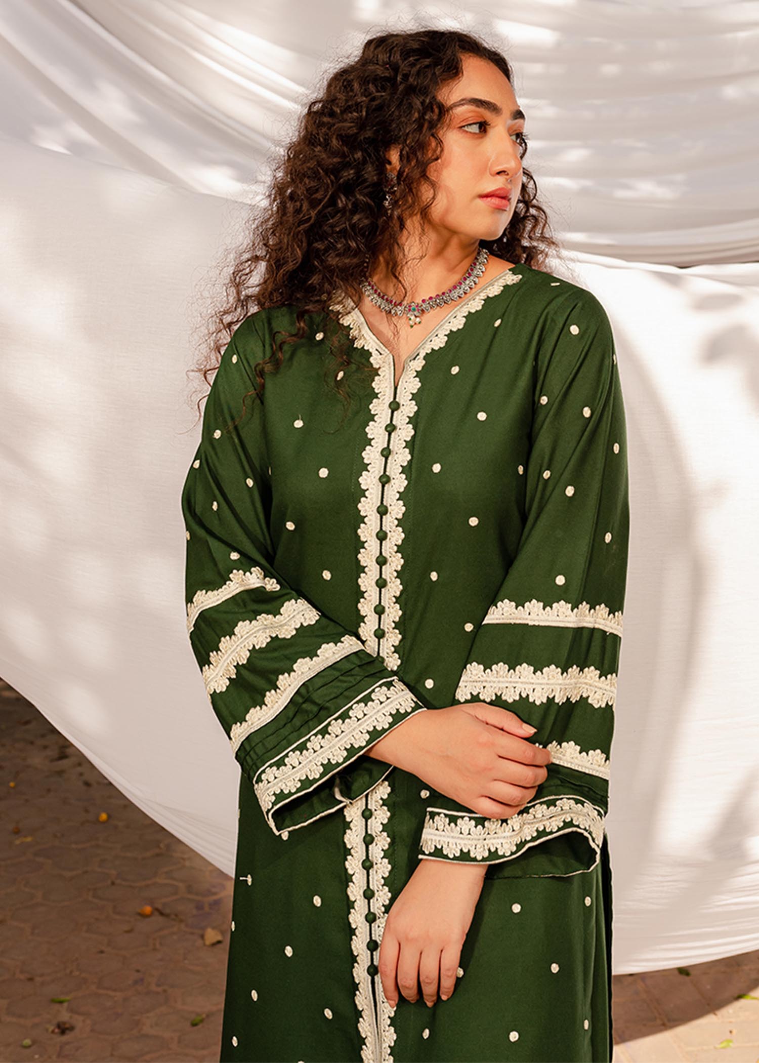 linen Kurti in Dark green