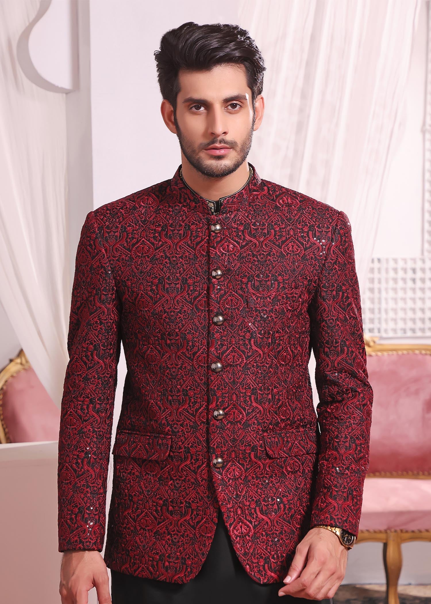 banarsi silk Prince Coat in Maroon