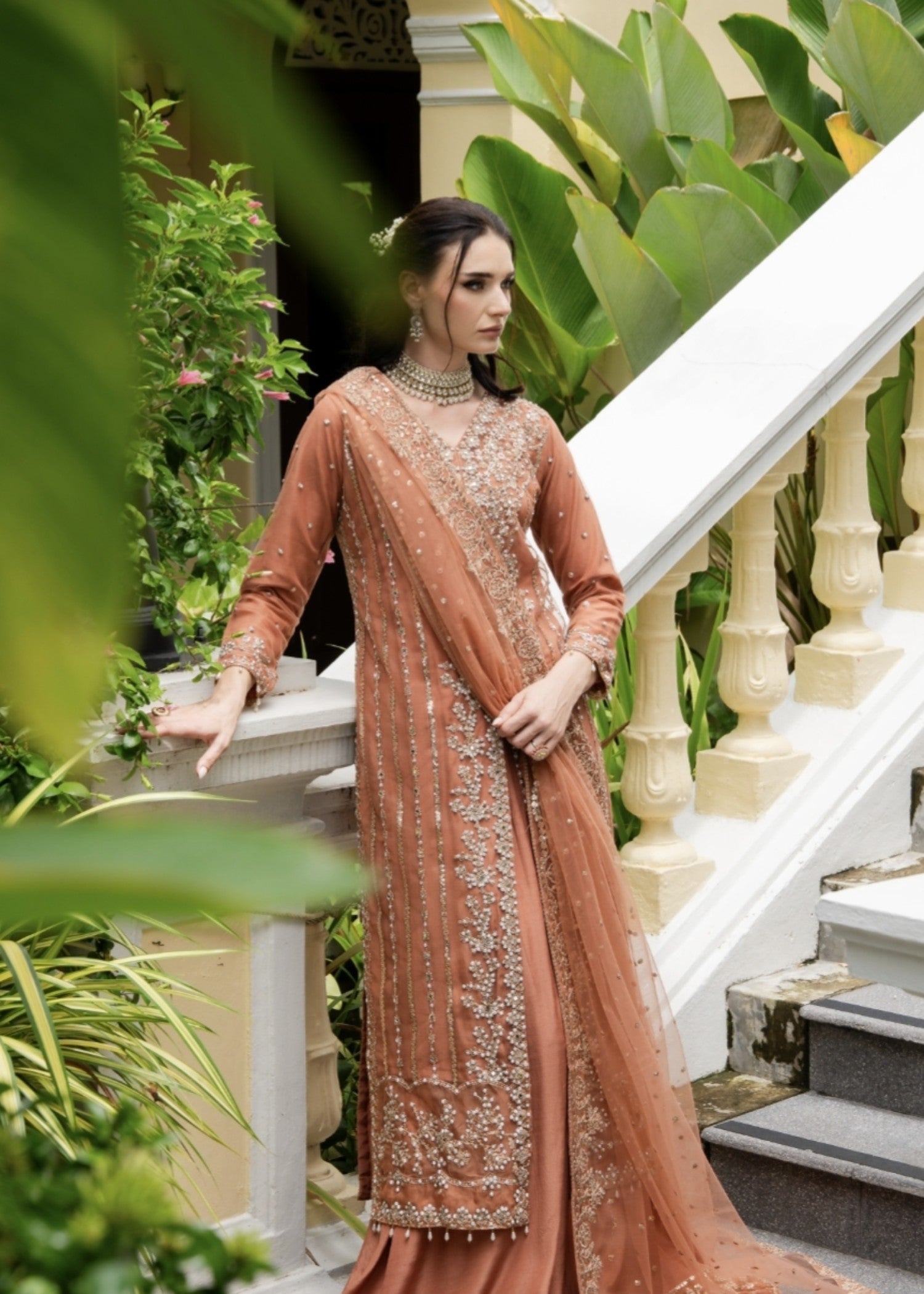 net Lehenga in Coral orange