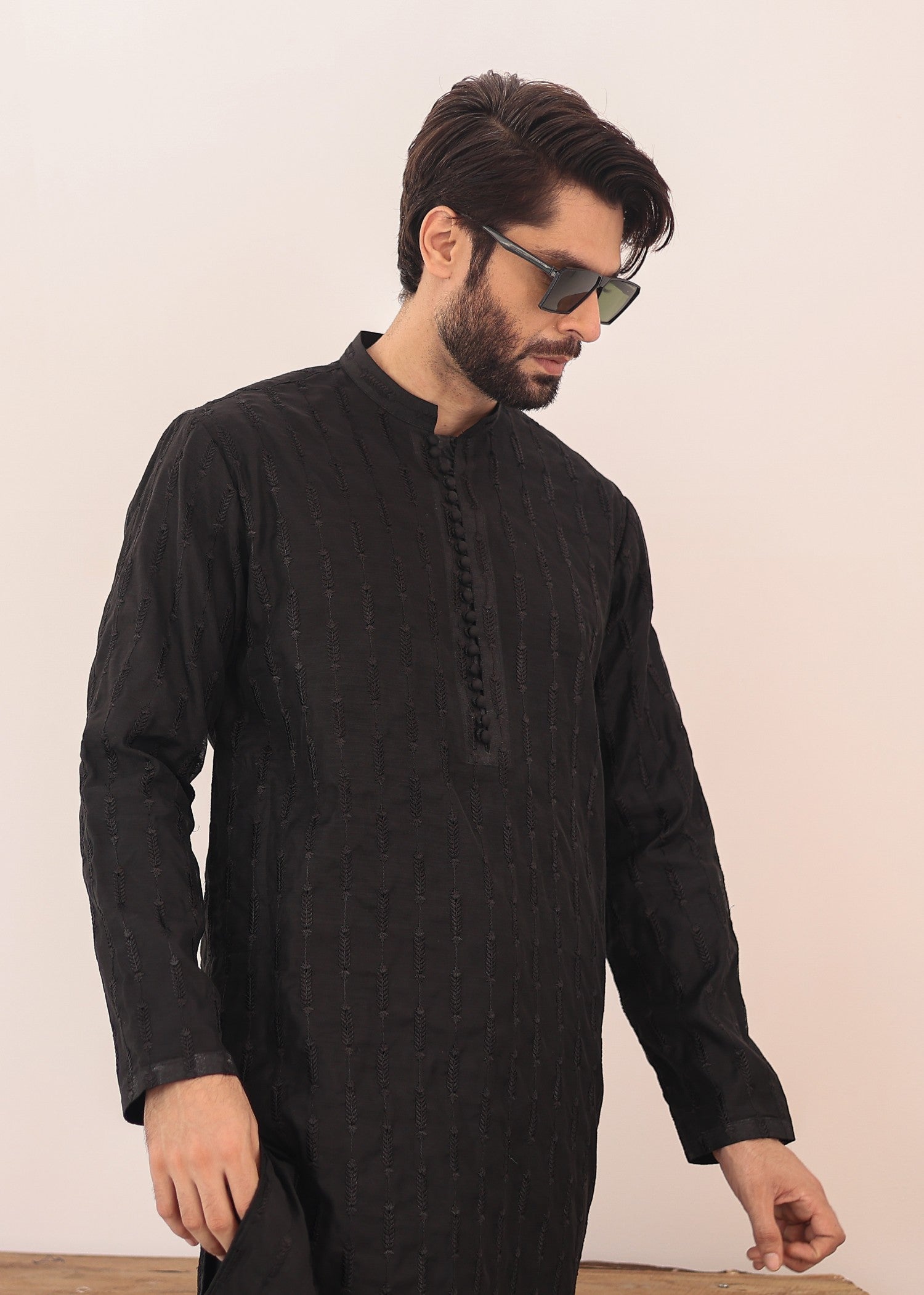 paper silk Kurta Set in Black