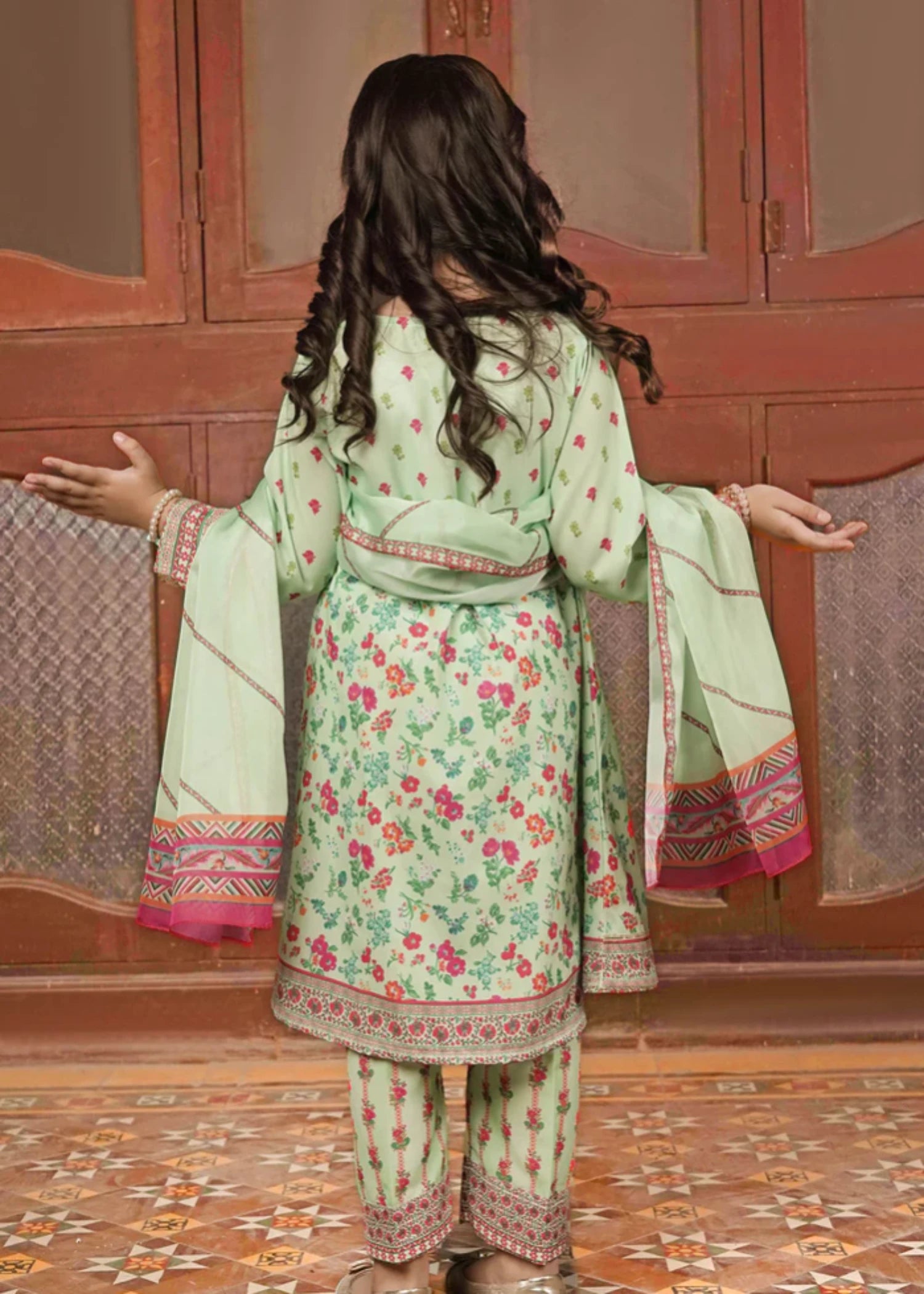 poly lawn Short Frock in Tea green