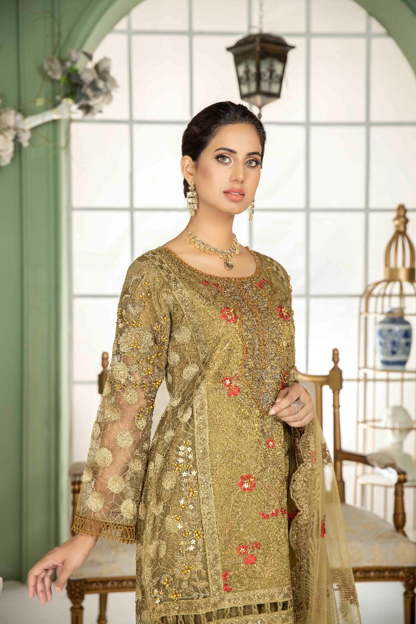 net Kurta Set in Olive green