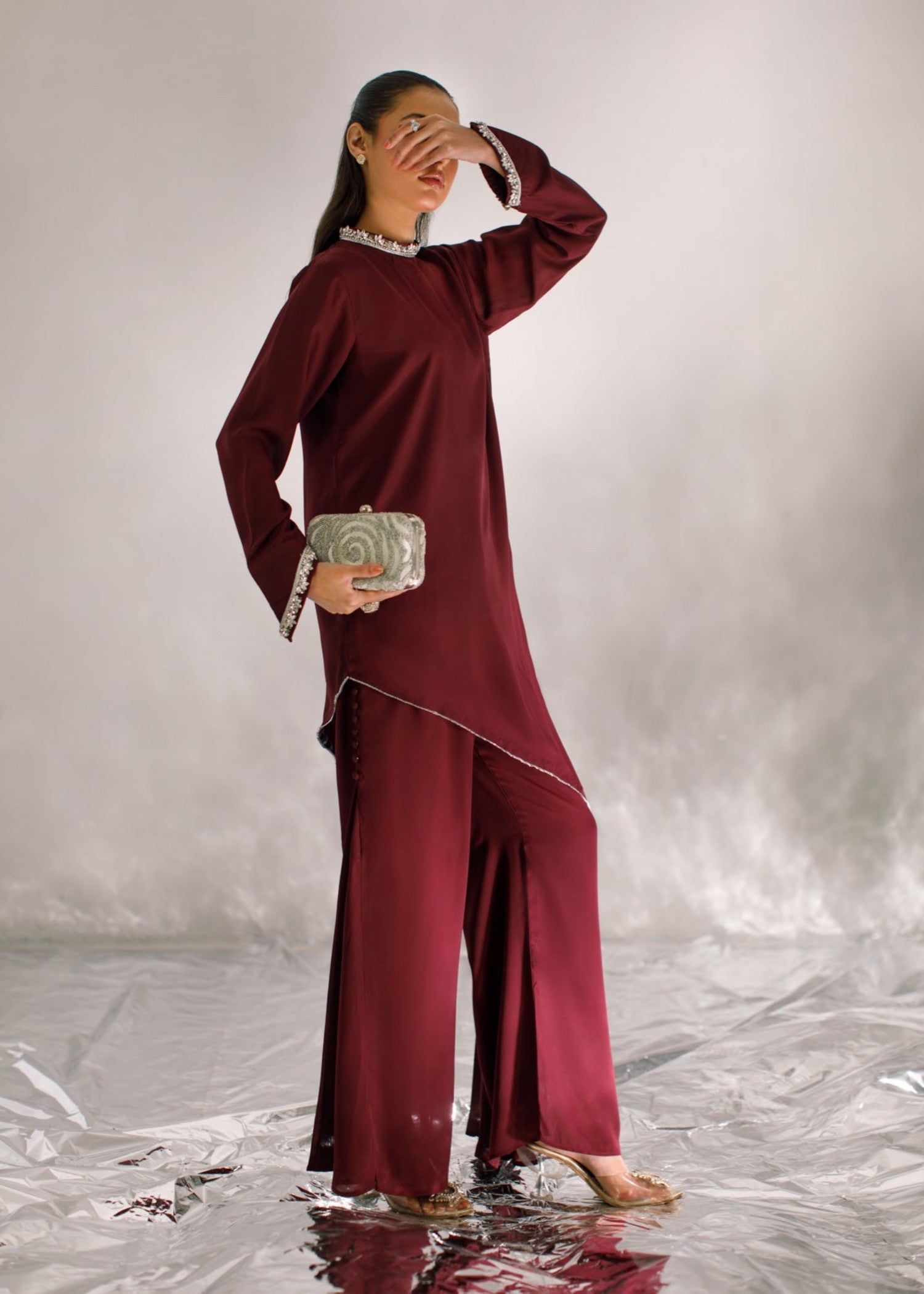 crepe georgette Co Ord Sets in Plum purple