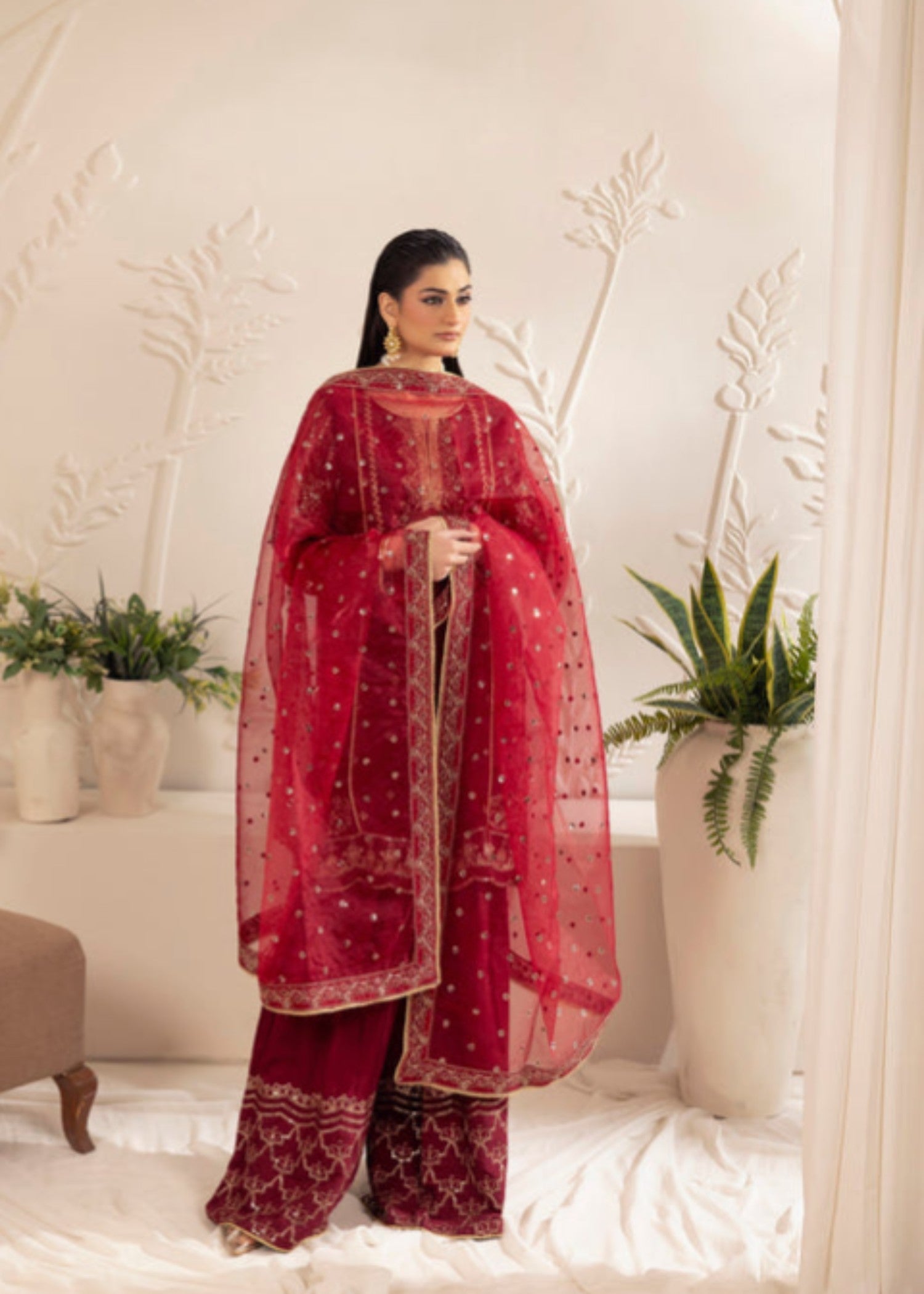 bemberg crinkle chiffon Gharara in Maroon