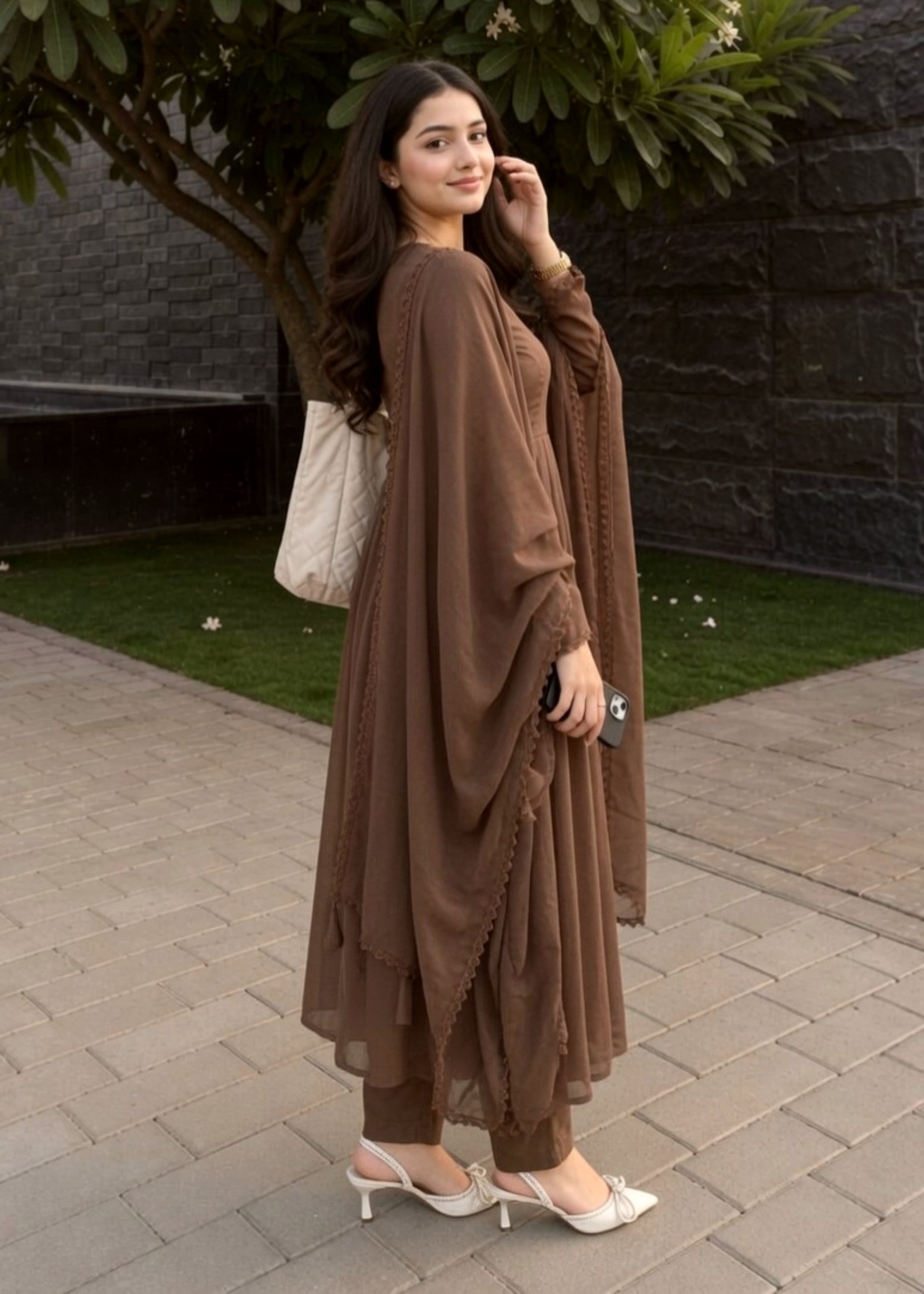 chiffon Angrakha in Mocha brown