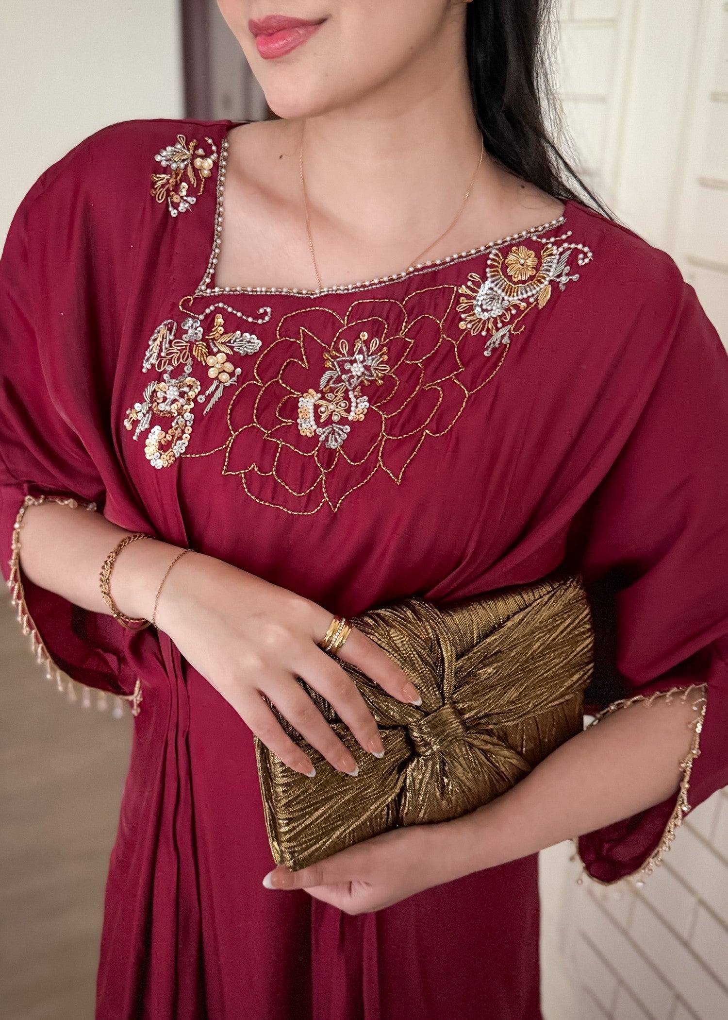 cotton silk Kaftan in Maroon