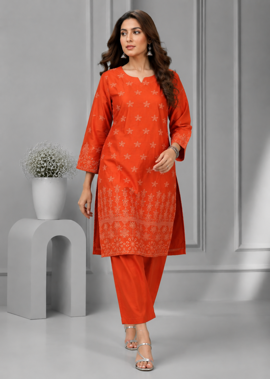 chikankari cotton Kurta Set in Coral orange