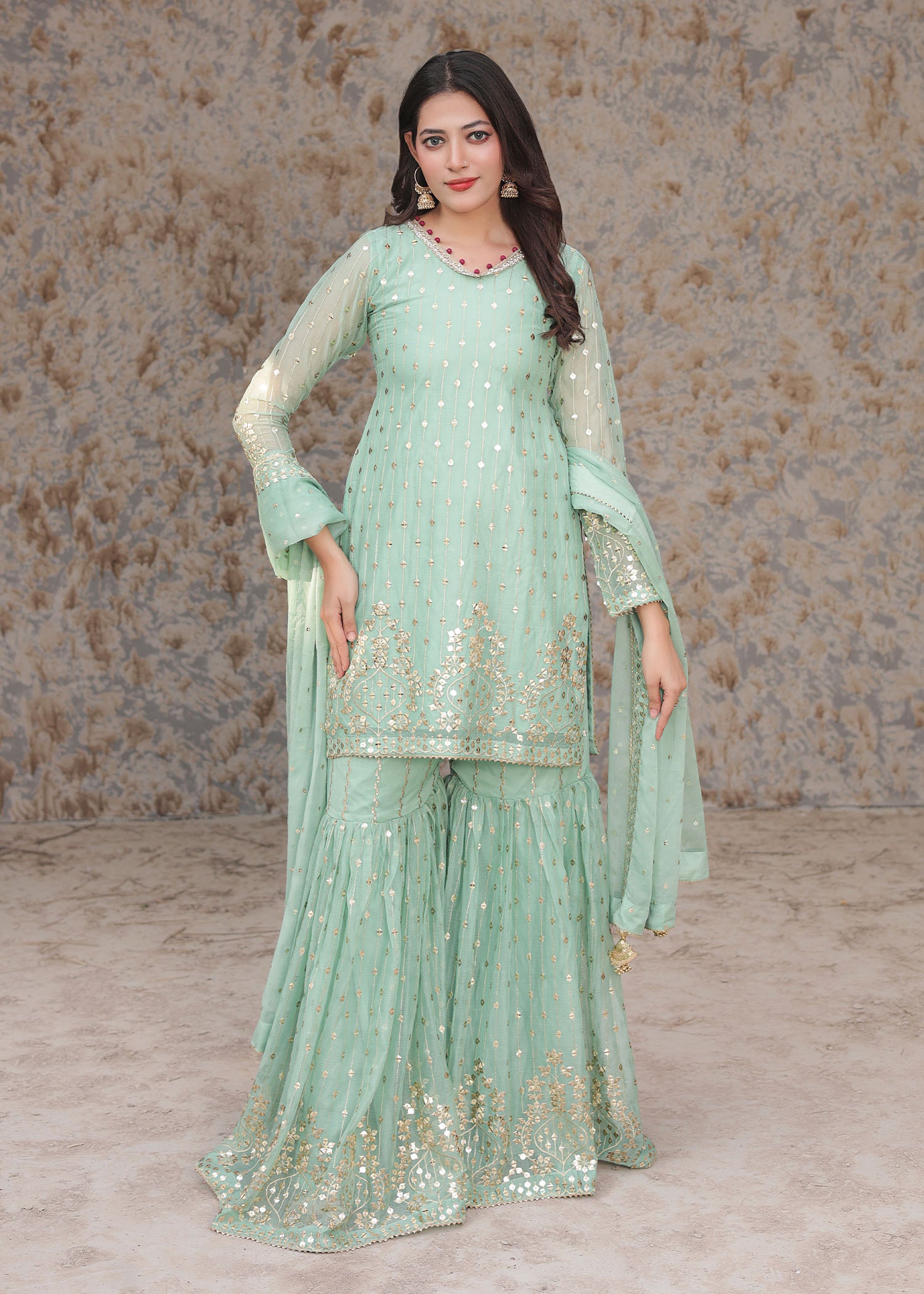 chiffon Gharara in Pastel green