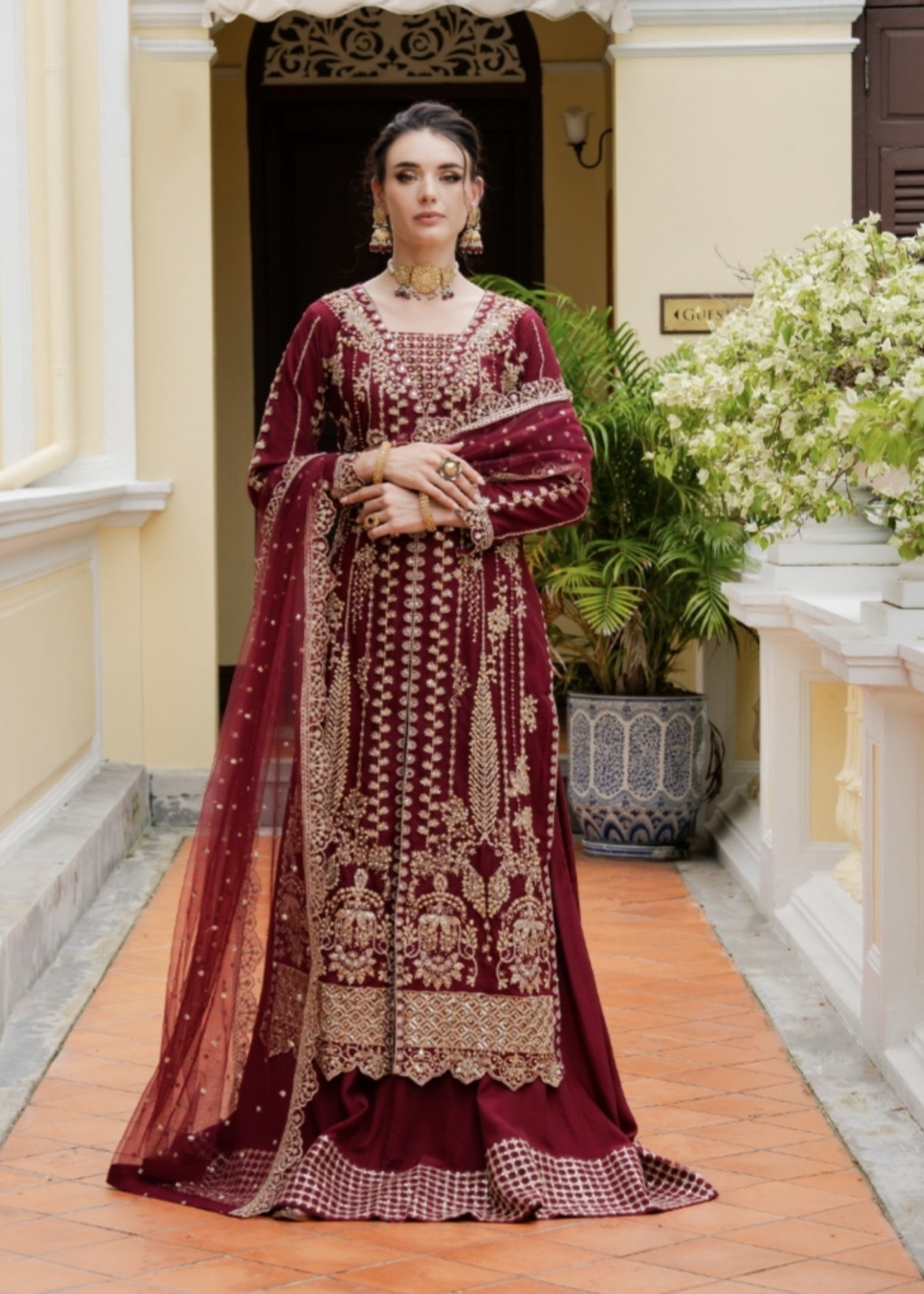 net Lehenga in Maroon