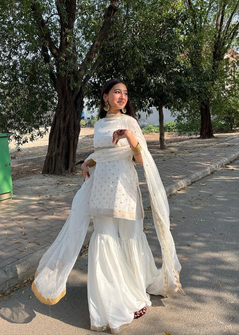 bemberg crinkle chiffon Gharara in White