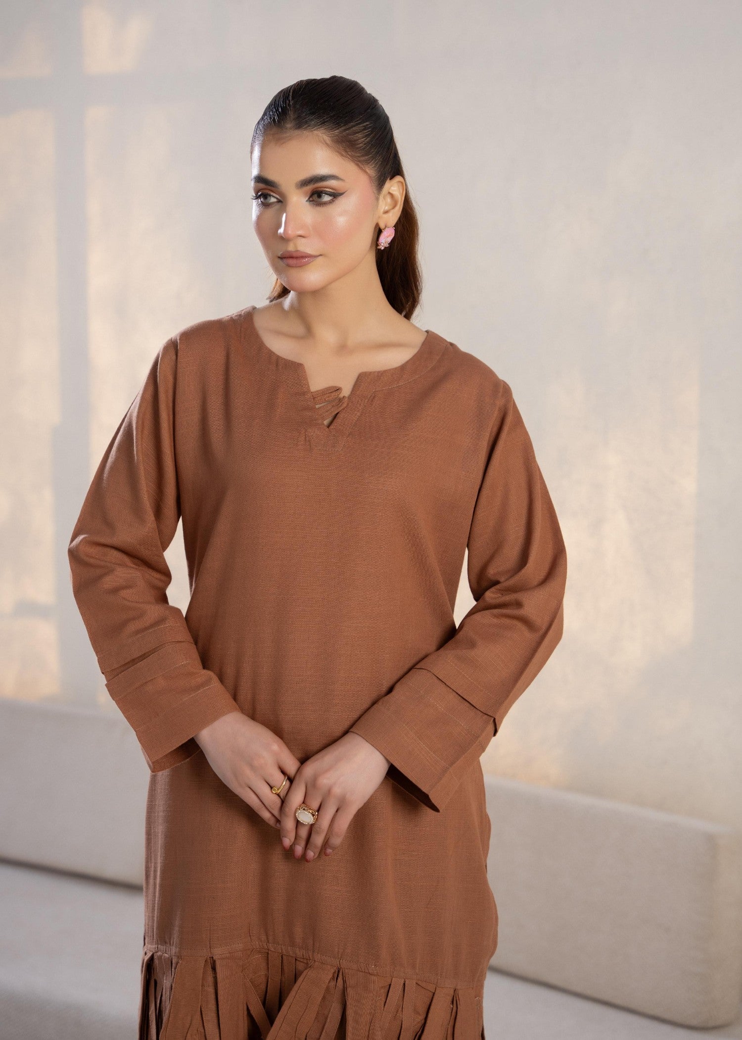 slub khaddar Kurta Set in Coffee brown