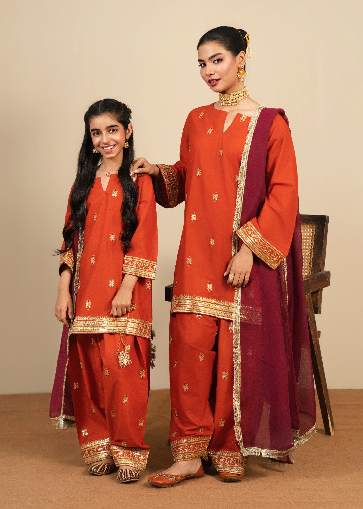 cotton Kurta Set in Rust orange