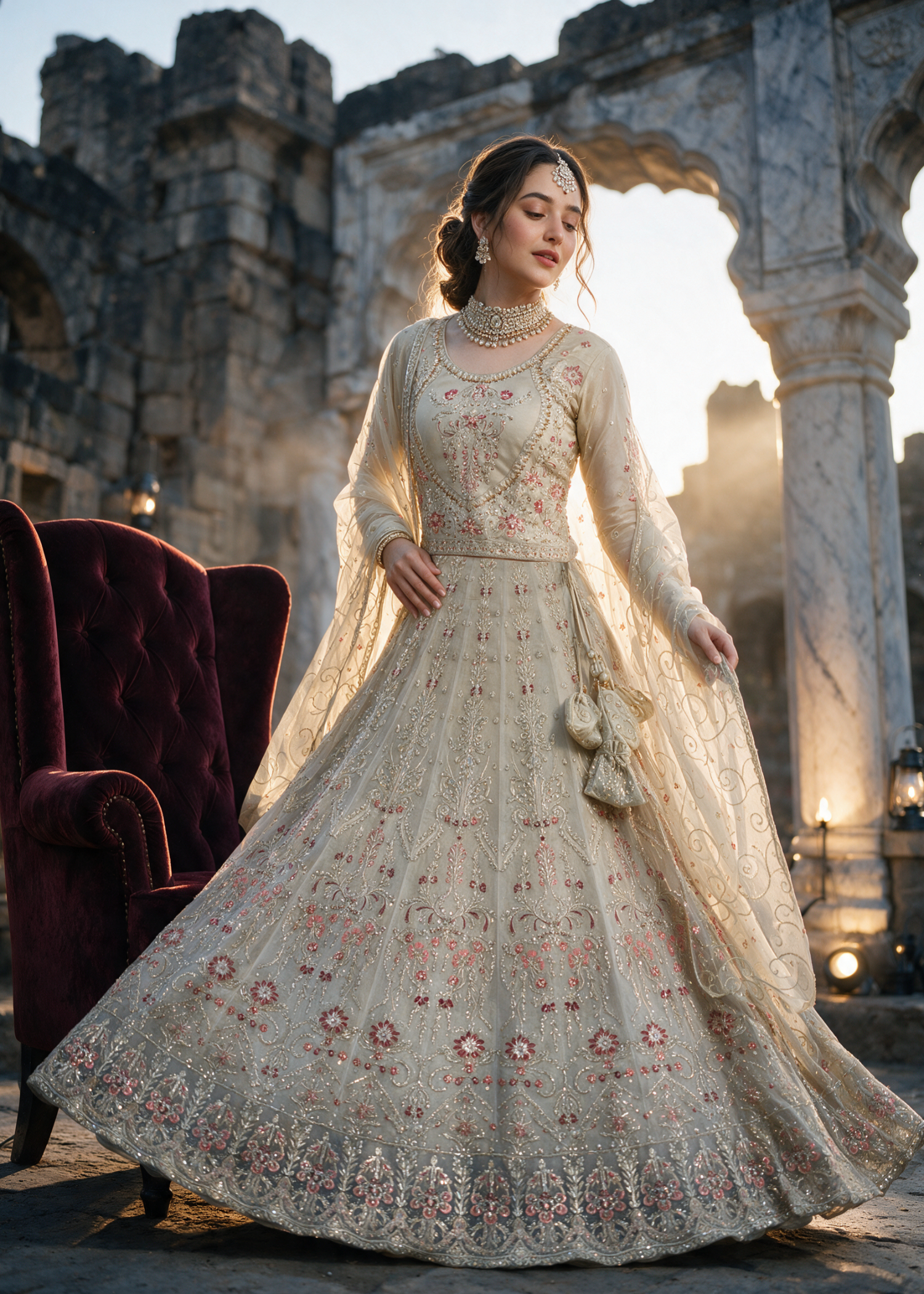 net Lehenga in Off-white