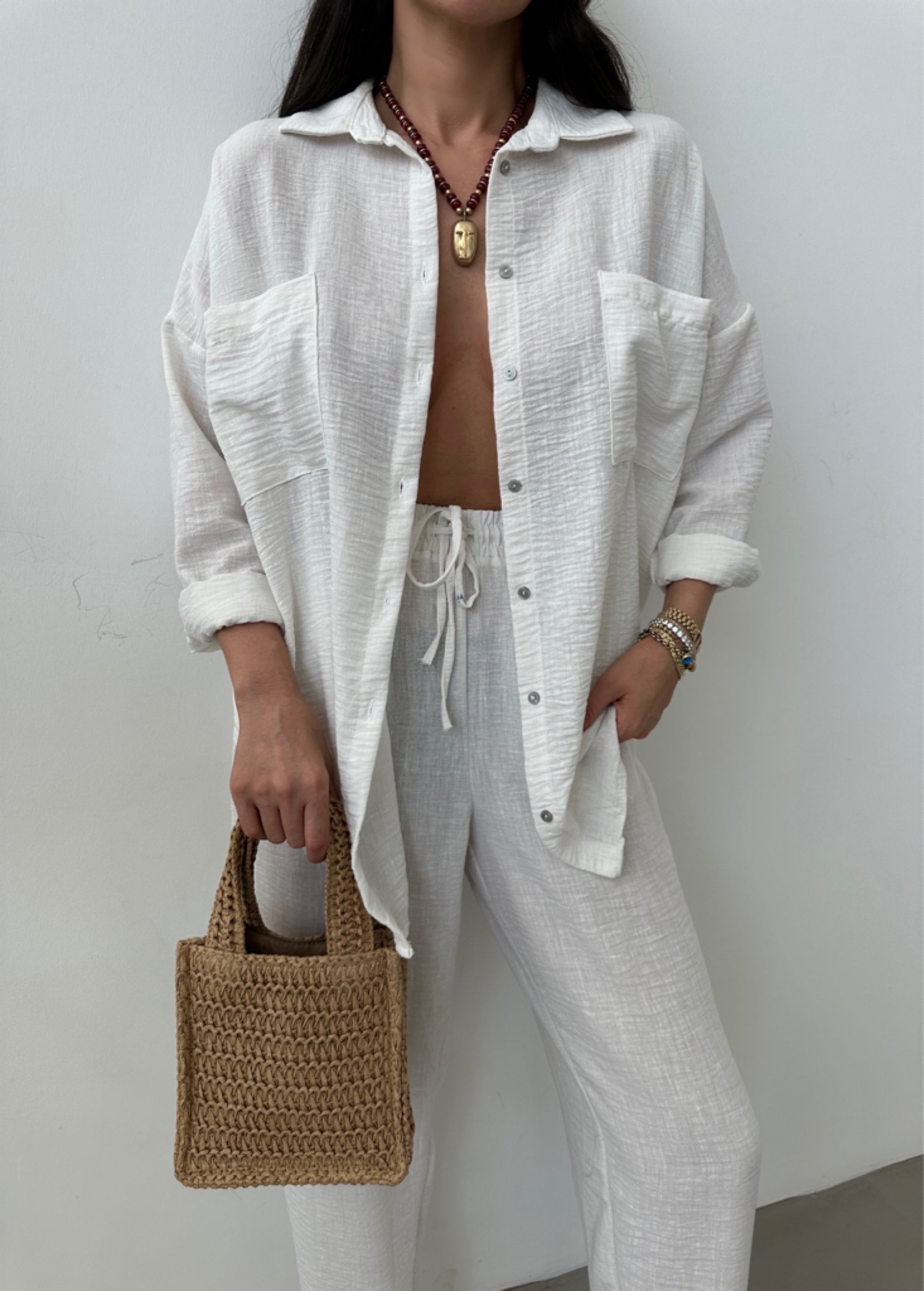 blended linen Co Ord Sets in Ghost white