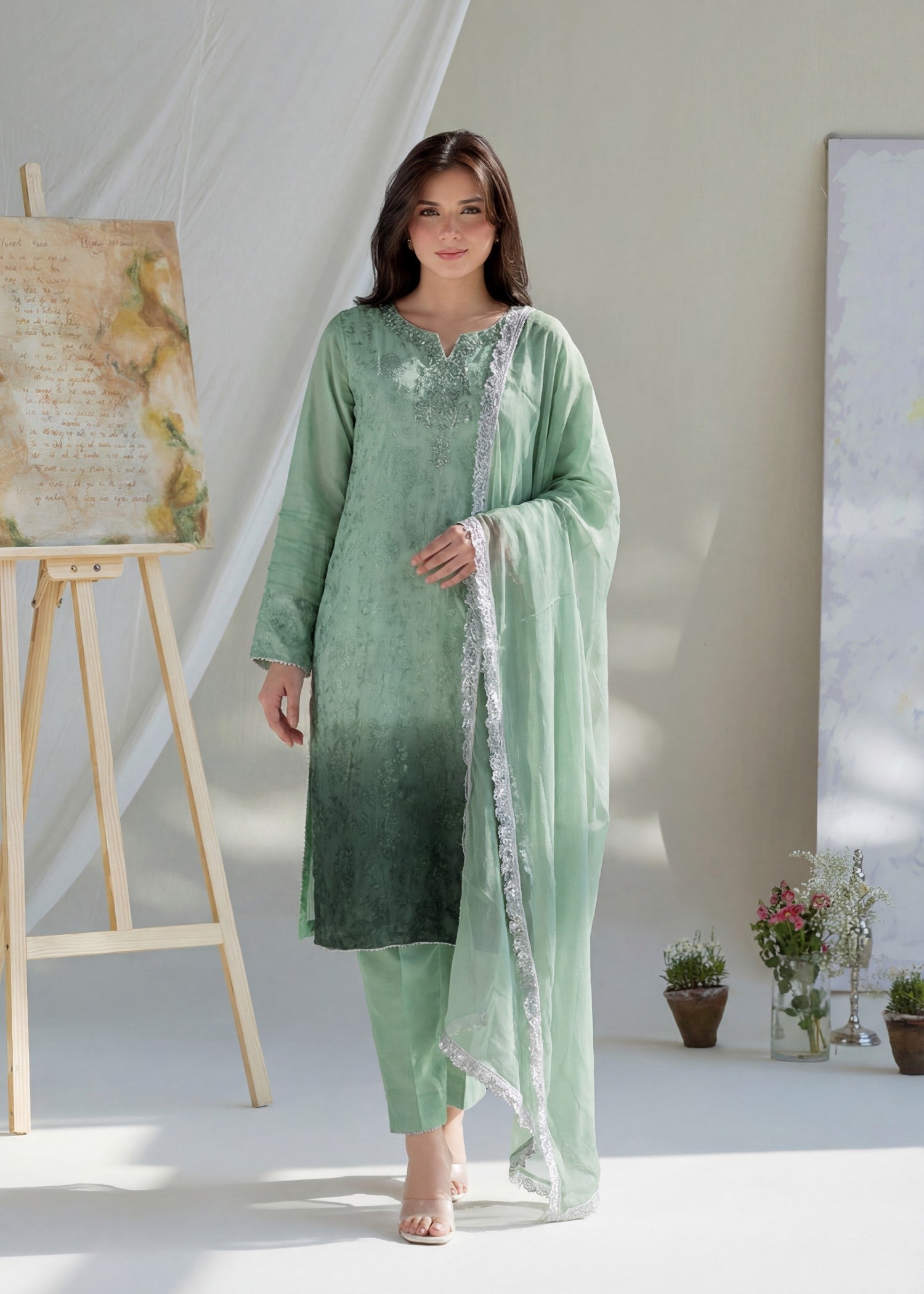 khaddi net Kurta Set in Moss green