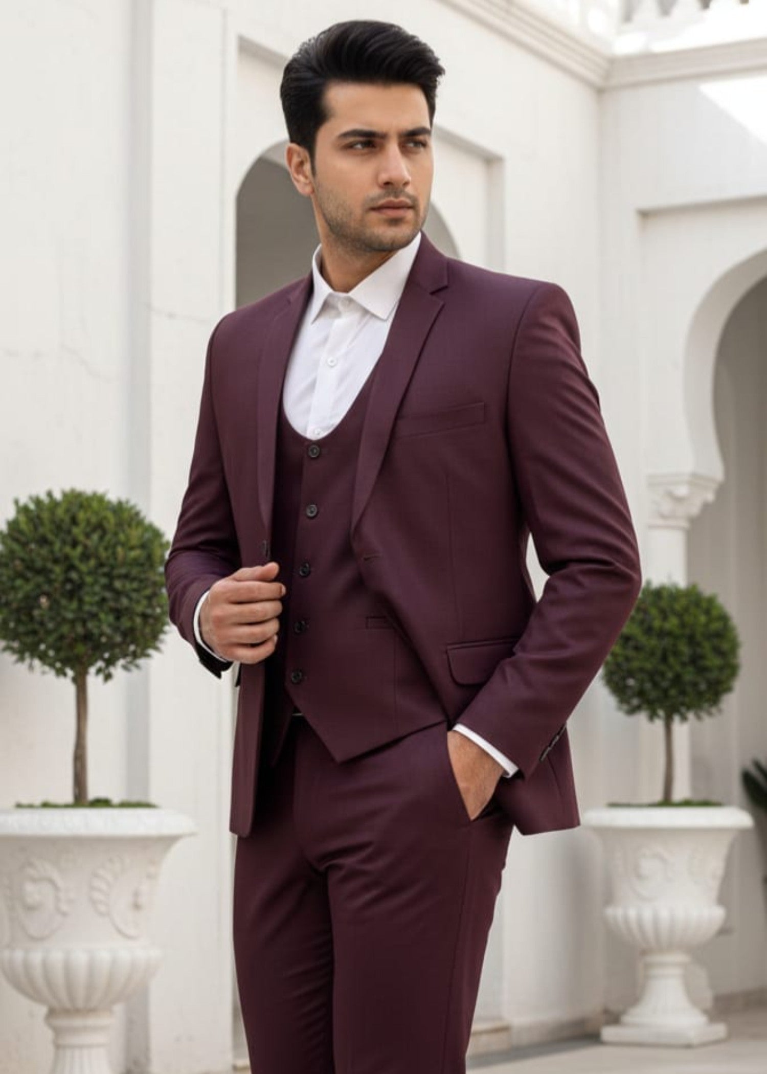 tropical Suits in Burgundy