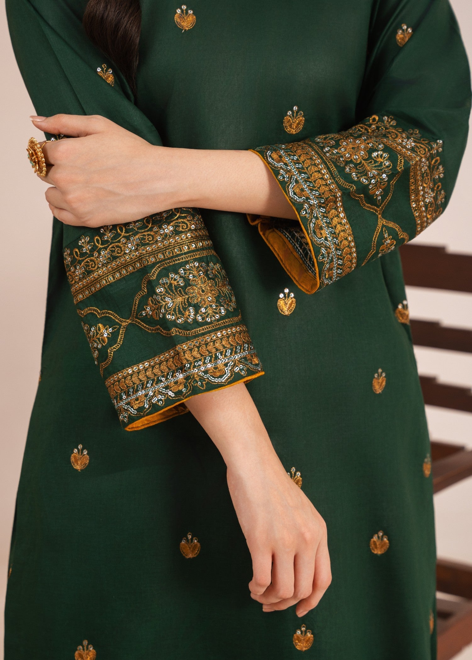 lawn Kurta Set in Gold, dark green