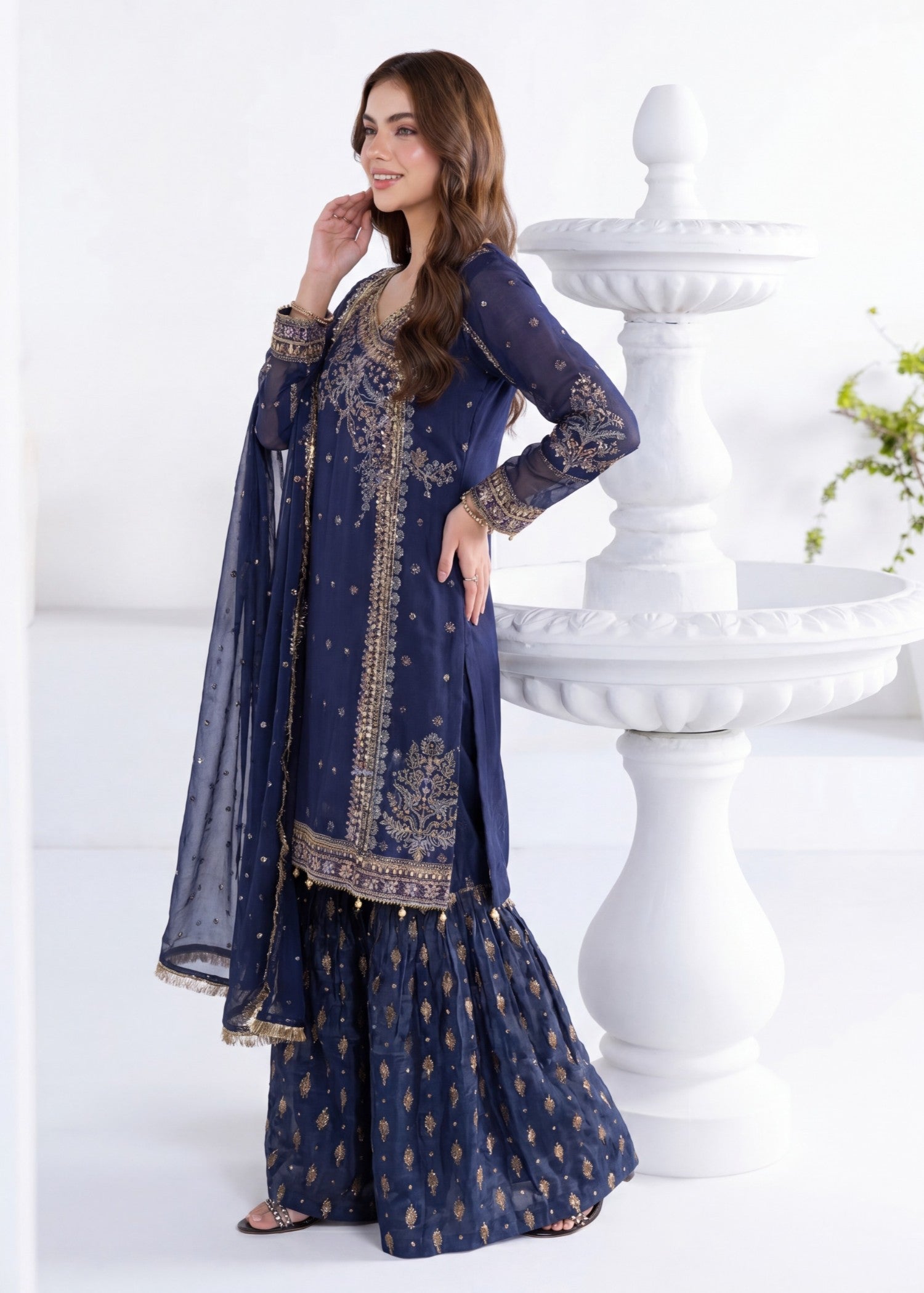 chiffon Gharara in Navy blue