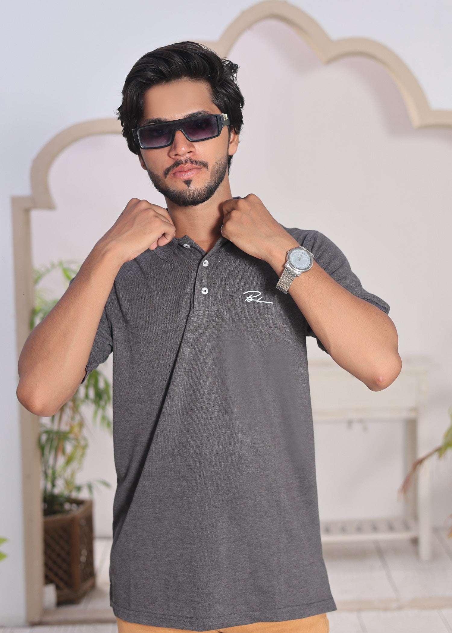 cotton Polo Shirt in Steal grey