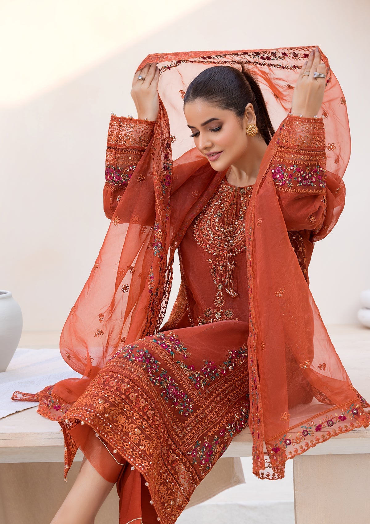 organza Kurta Set in Rust red