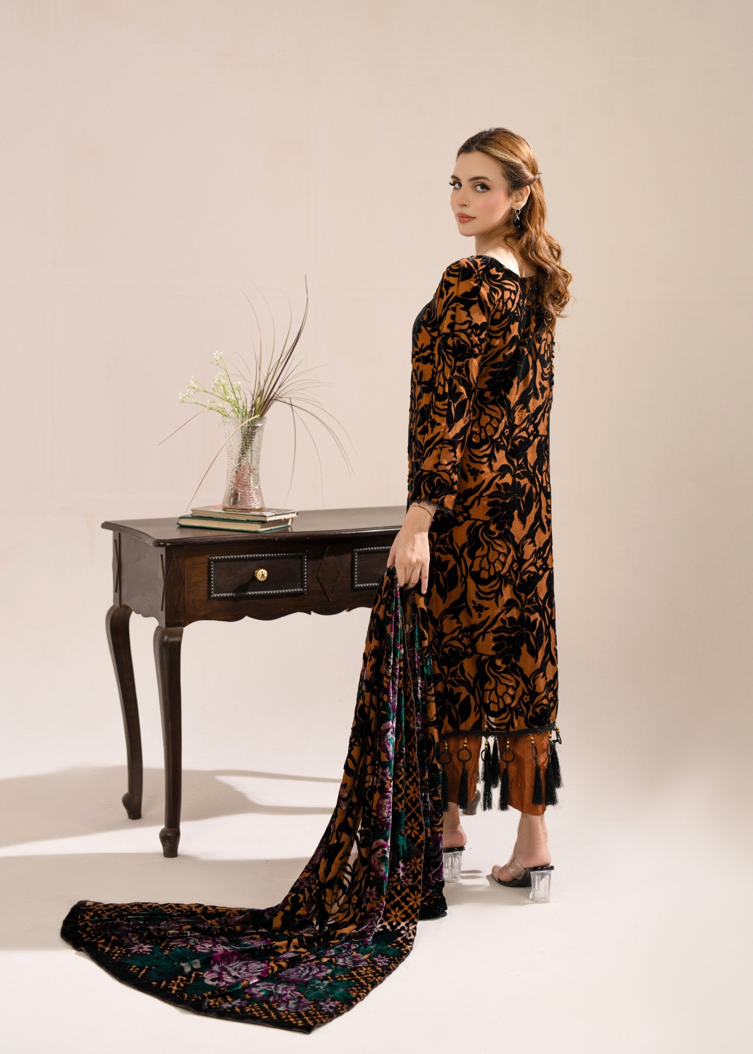 velvet Kurta Set in Burnt orange
