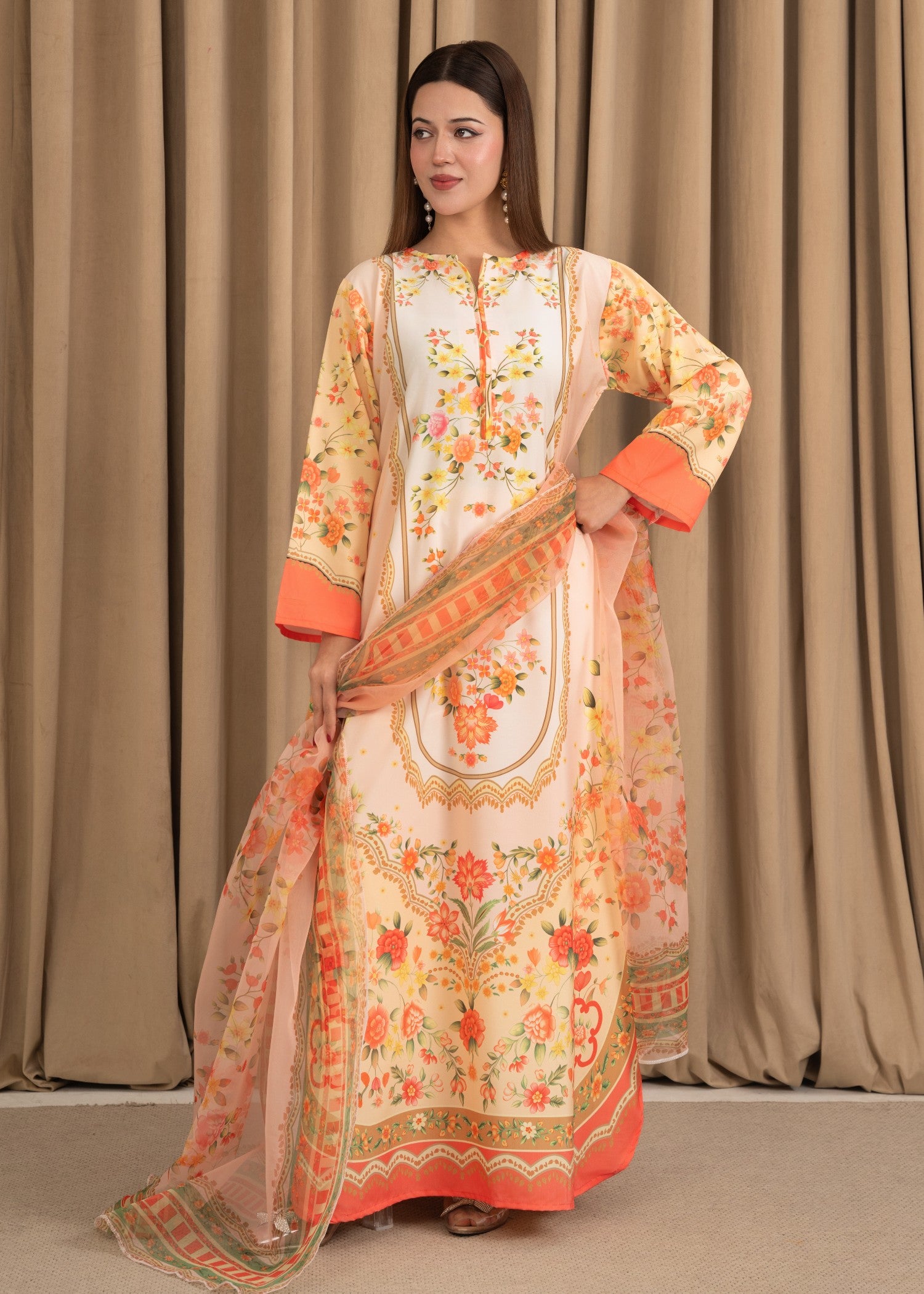 silk crepe Kurta Set in Orange