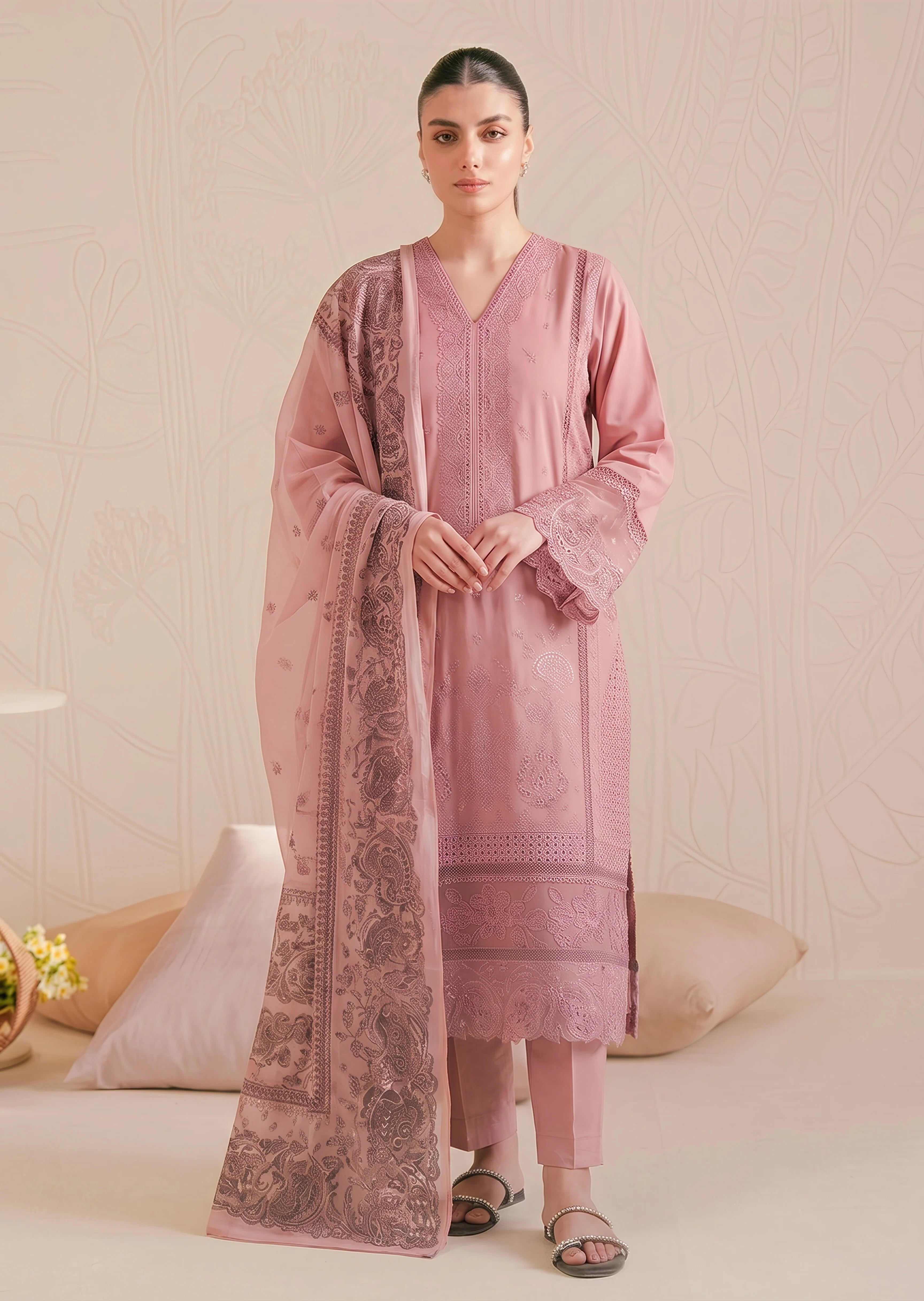lawn cotton Kurta Set in Tea rose pink