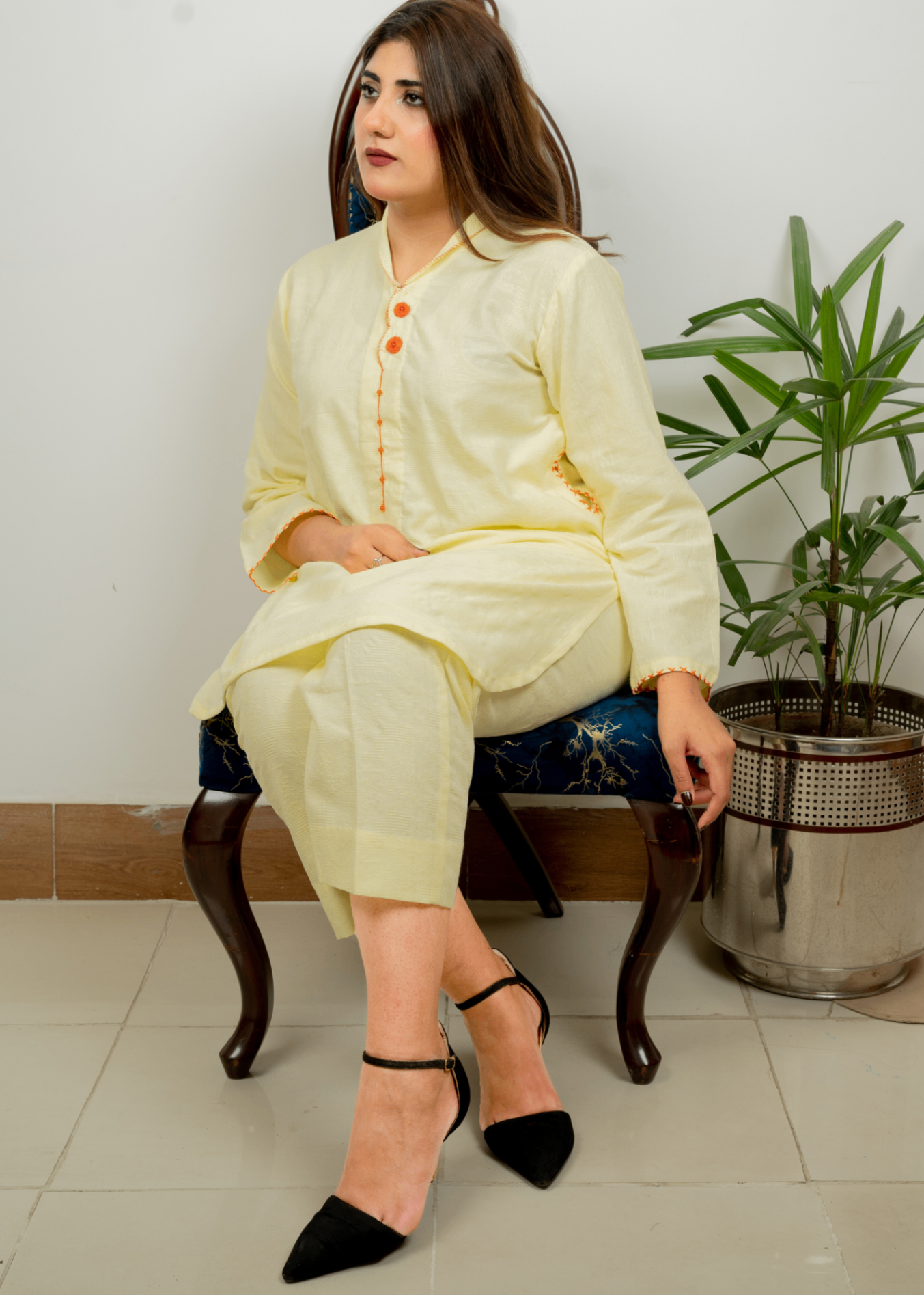 cotton jacquard Kurta Set in Lemon