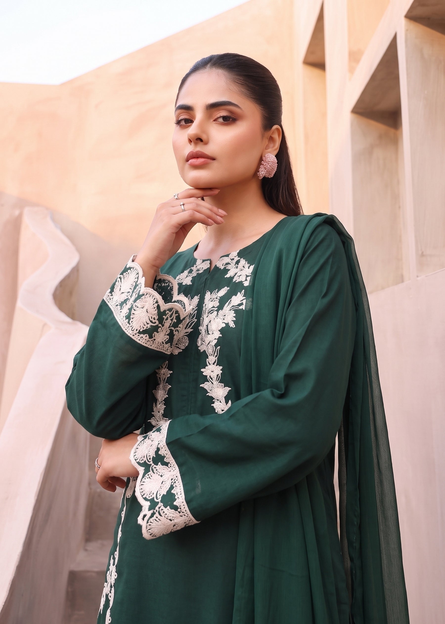 linen Kurta Set in Dark green