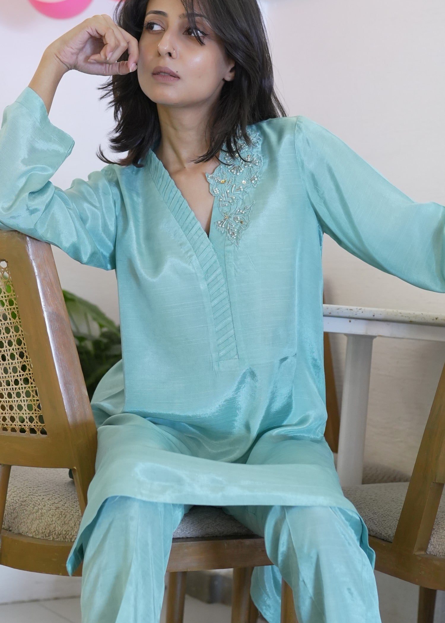 raw silk Kurta Set in Ice blue