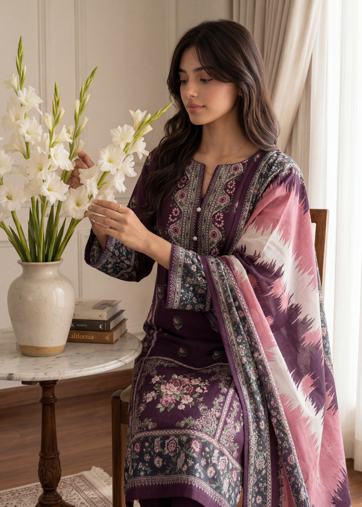 cross hetch Kurta Set in Purple