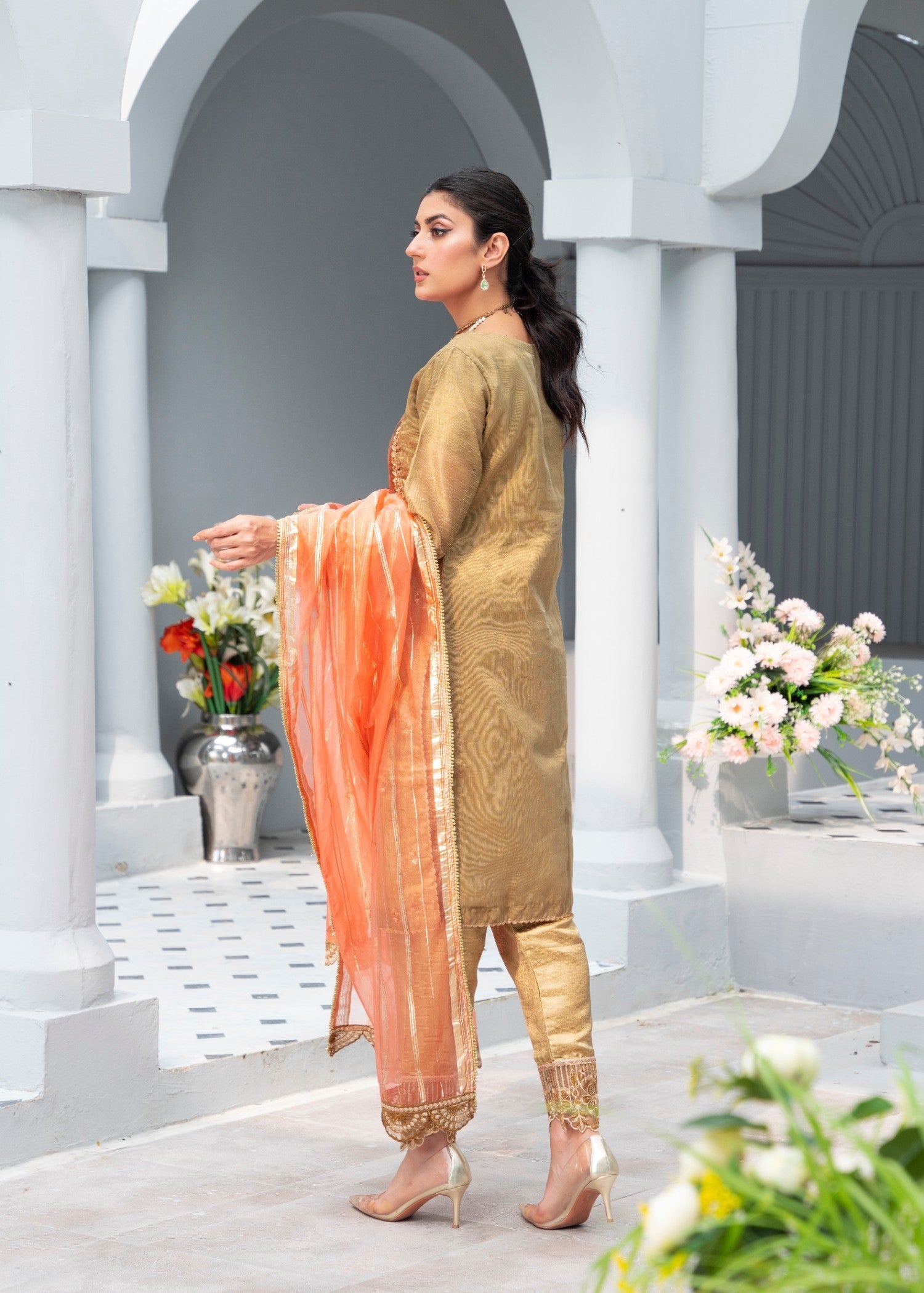 khaddi net Kurta Set in Brown