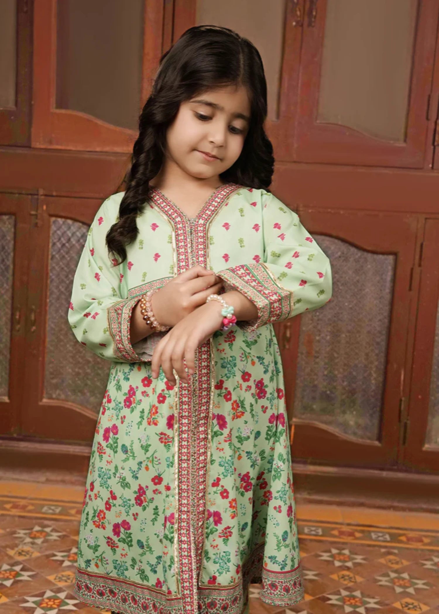 poly lawn Short Frock in Tea green