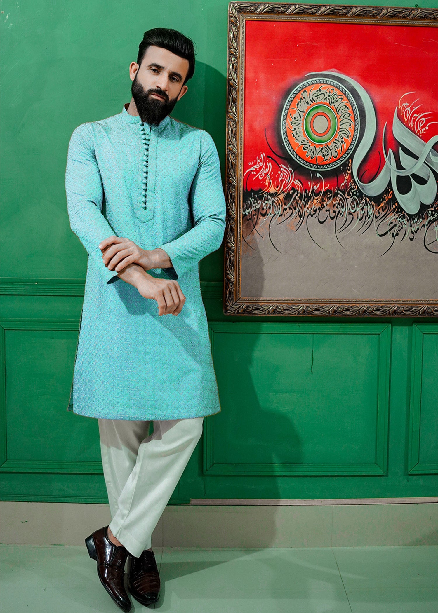 chikankari cotton Kurta in Aquamarine by Label M by Mohib