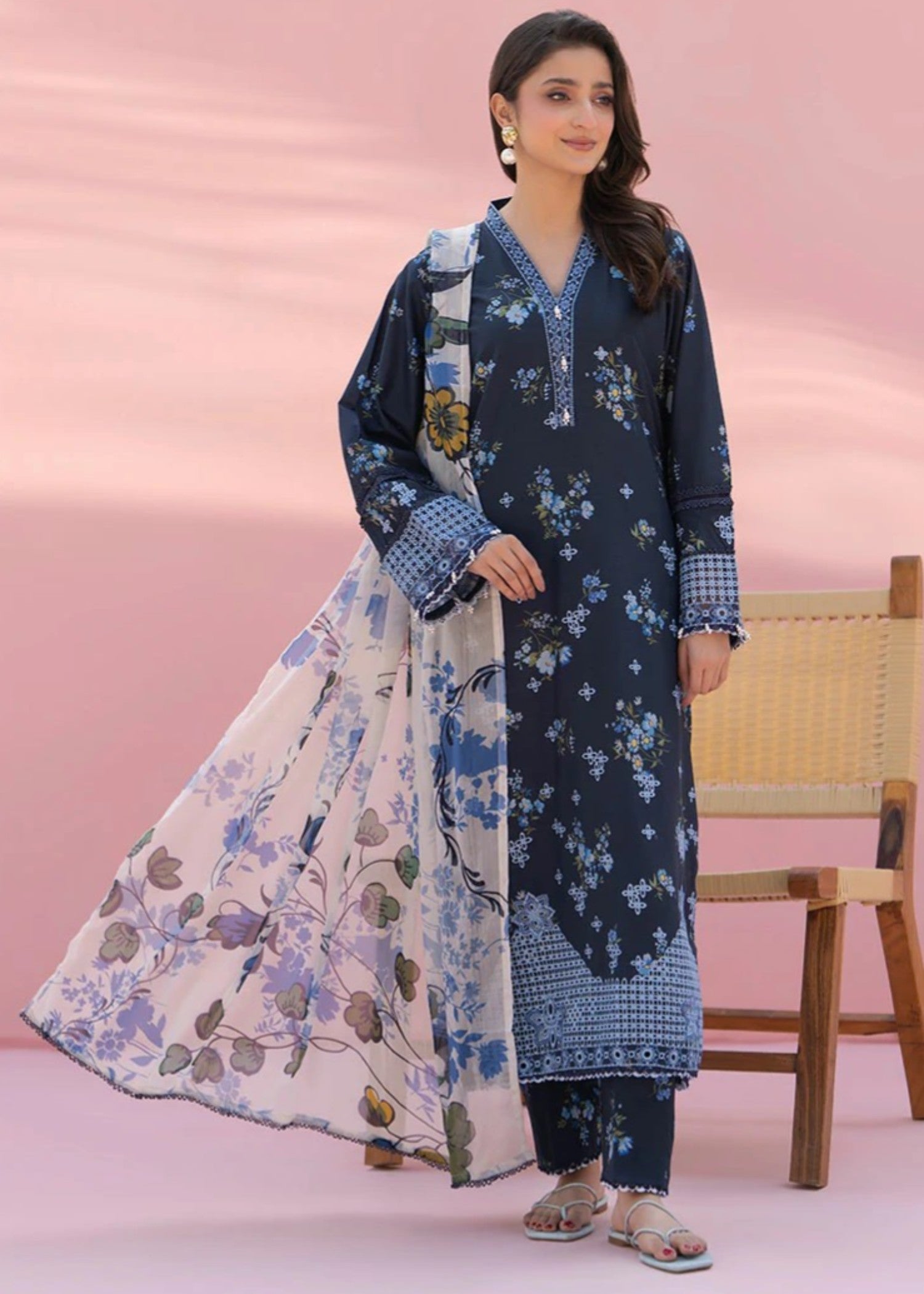 cambric Kurta Set in Midnight blue