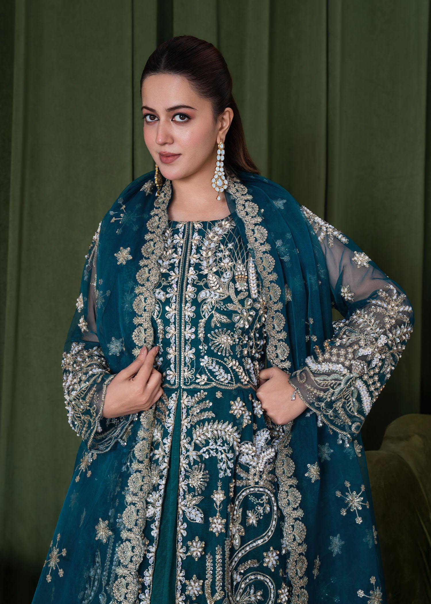 organza Lehenga in Sea green