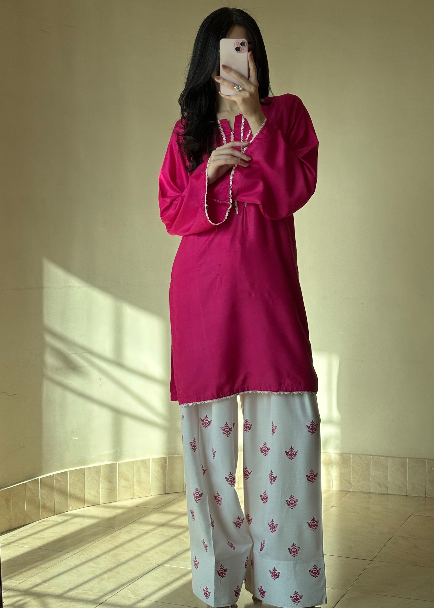 arabic lawn Kurta Set in Hot pink red