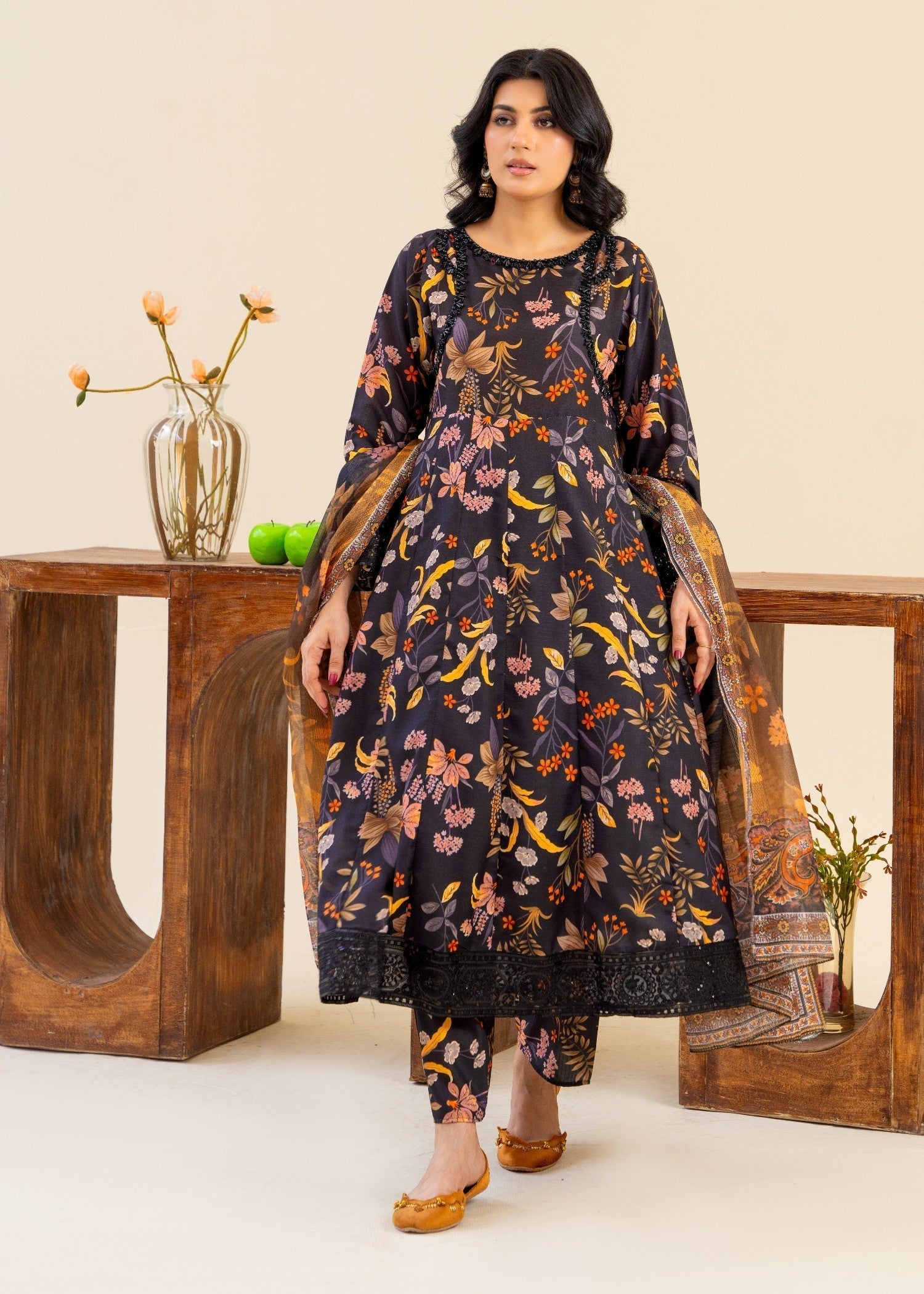 corduroy Anarkali in Black