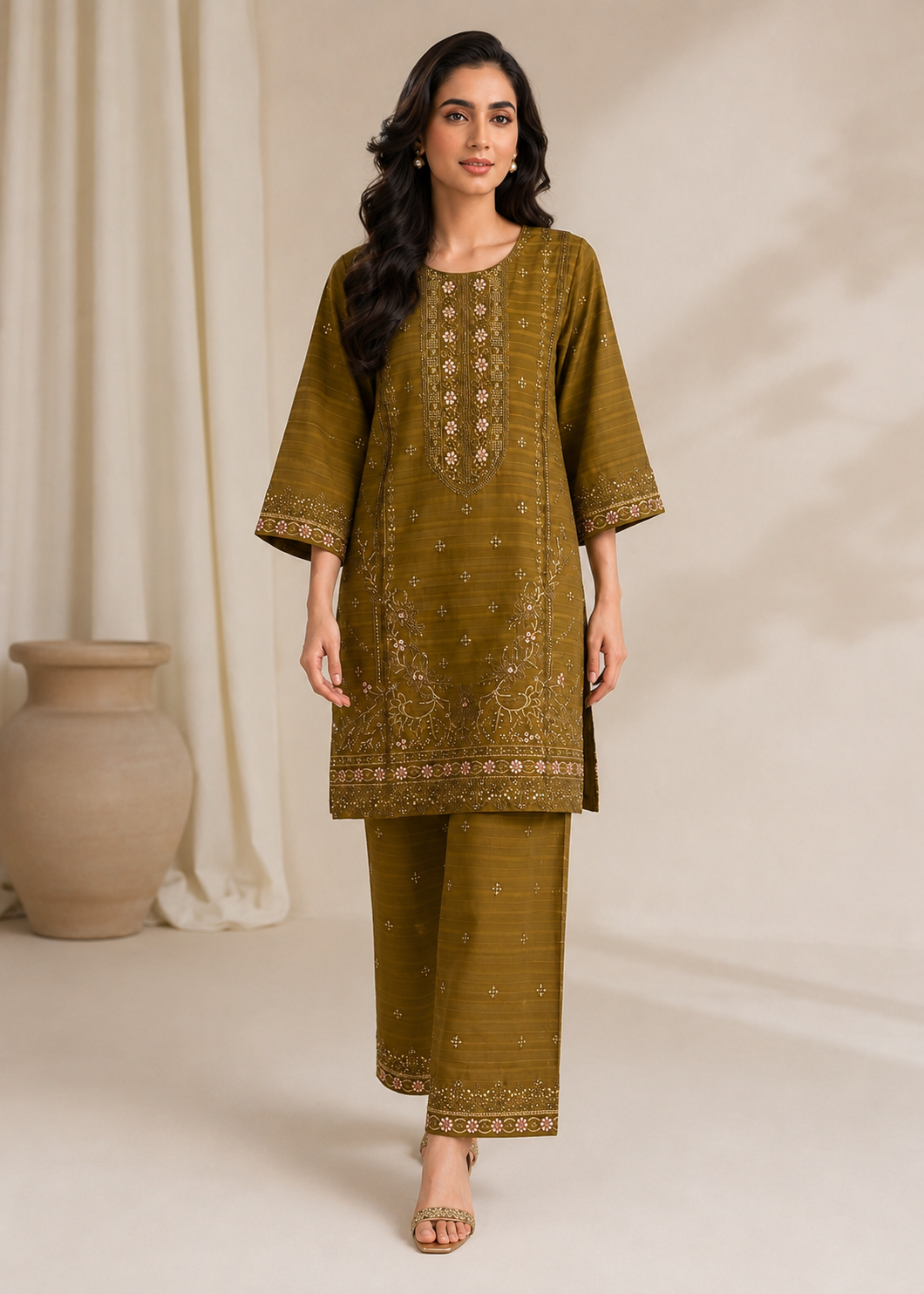 jacquard Kurta Set in Olive green