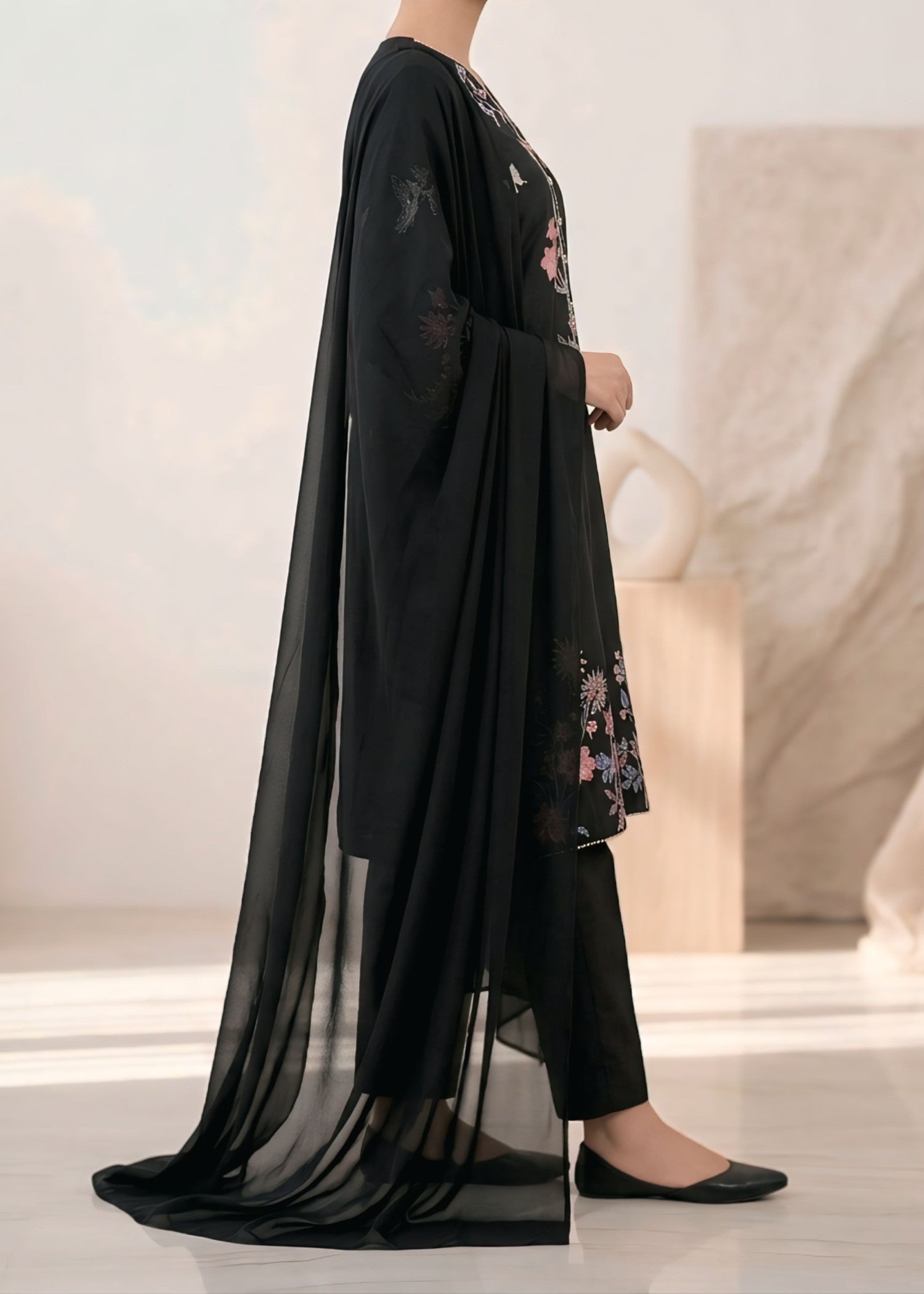 cambric cotton Kurta Set in Jet black