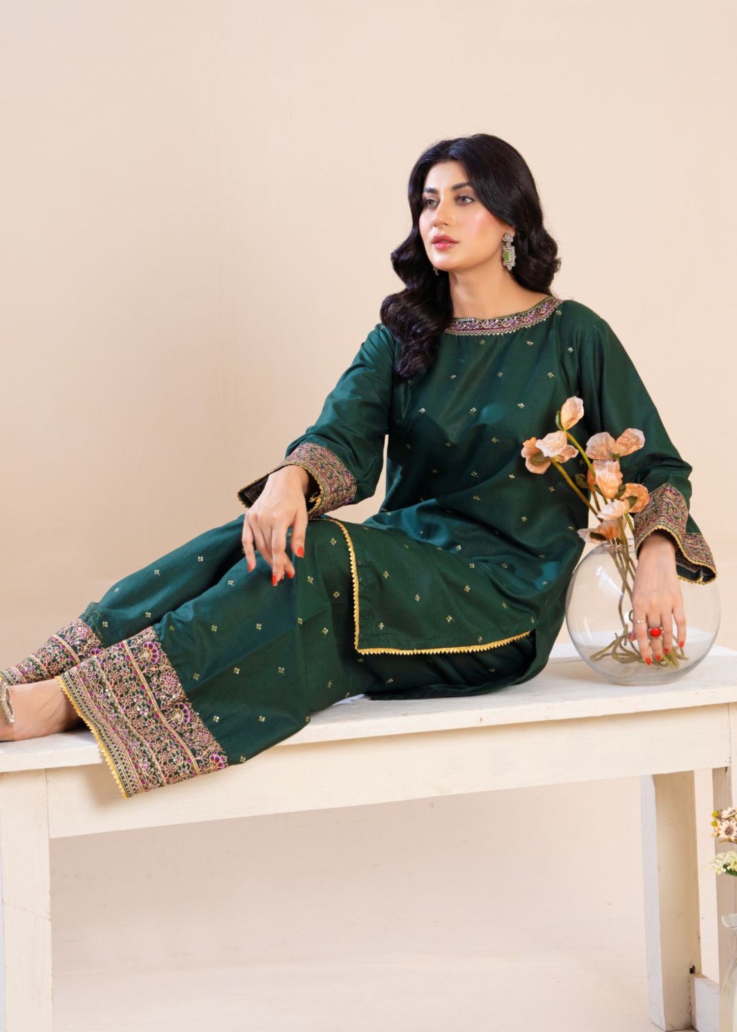cambric Kurta Set in Bottle green