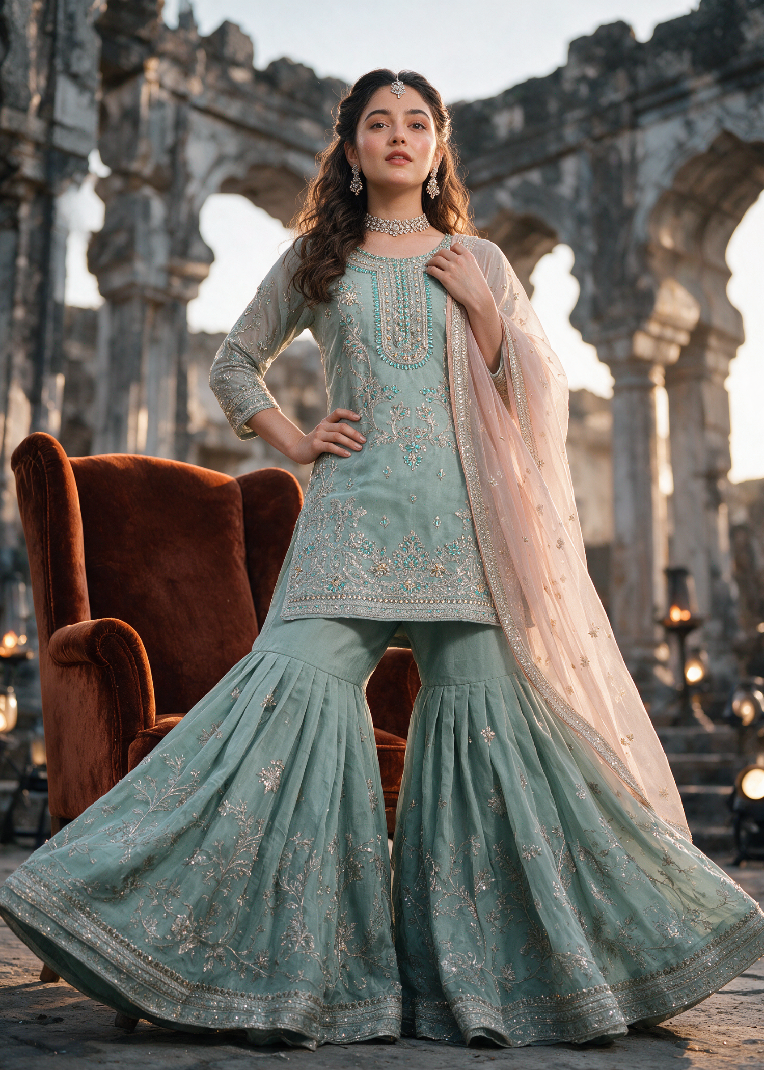 organza Gharara in Pastel green, peach pink