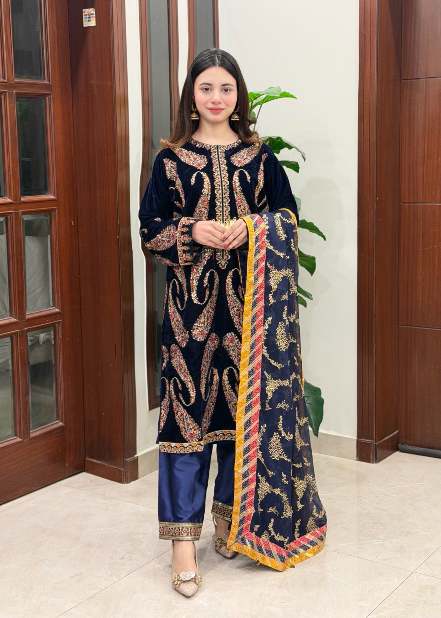 velvet Kurta Set in Dark blue
