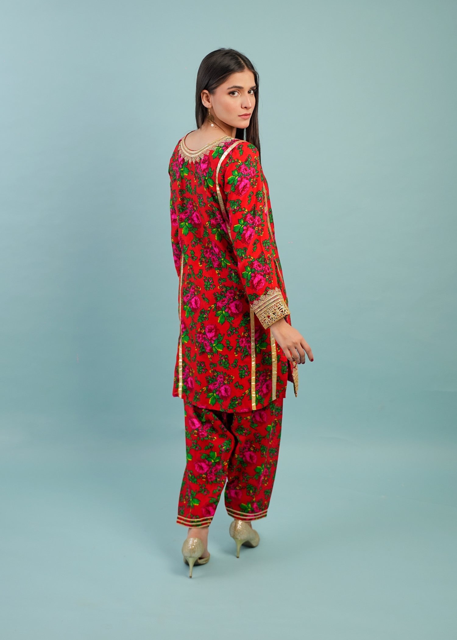 voile Kurta Set in Red