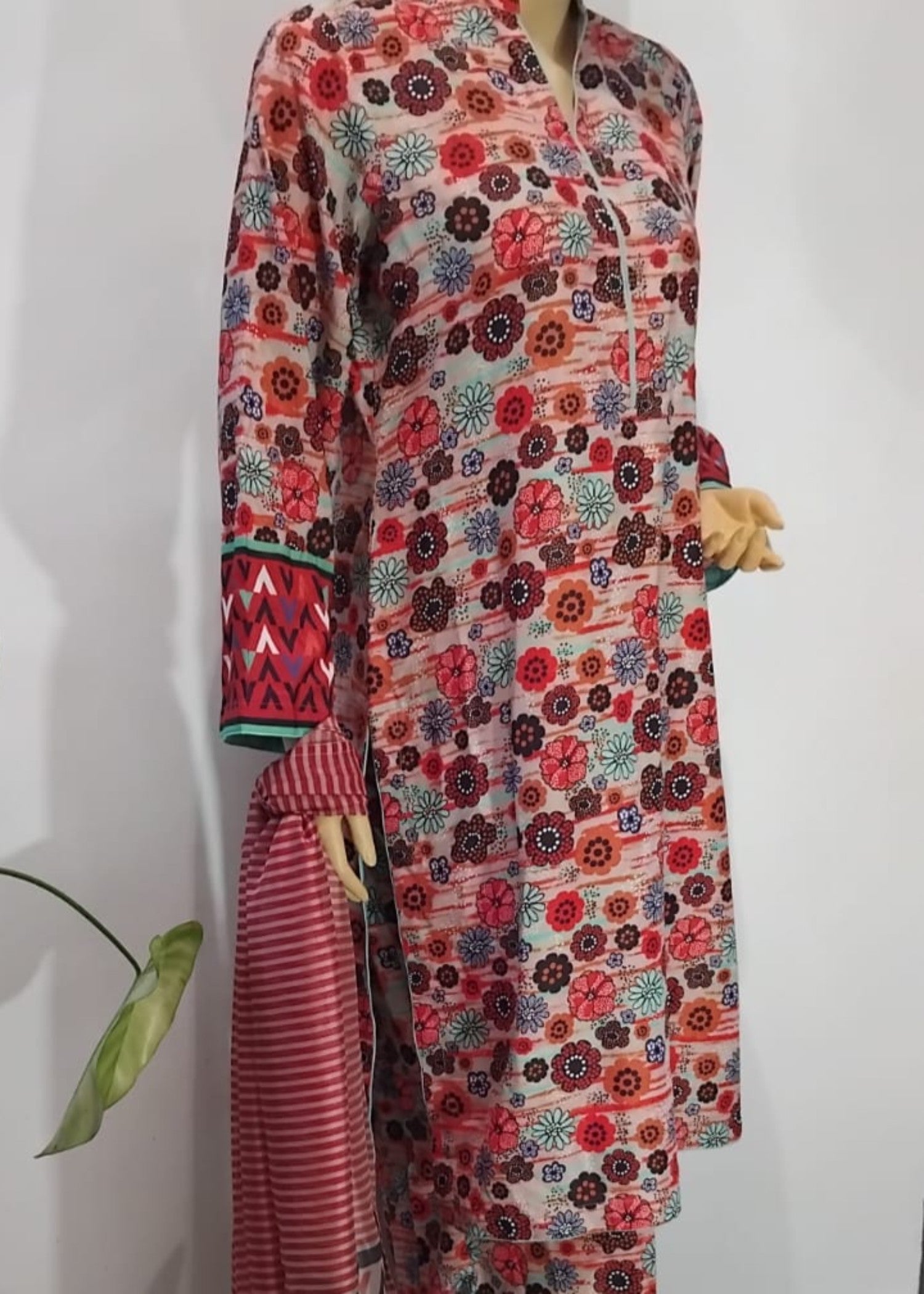 arabic lawn Unstitched in Peach pink, caramel brown