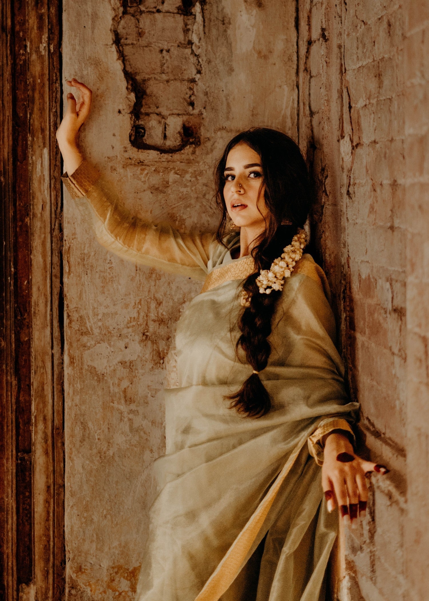 zari organza Saree in Sage green
