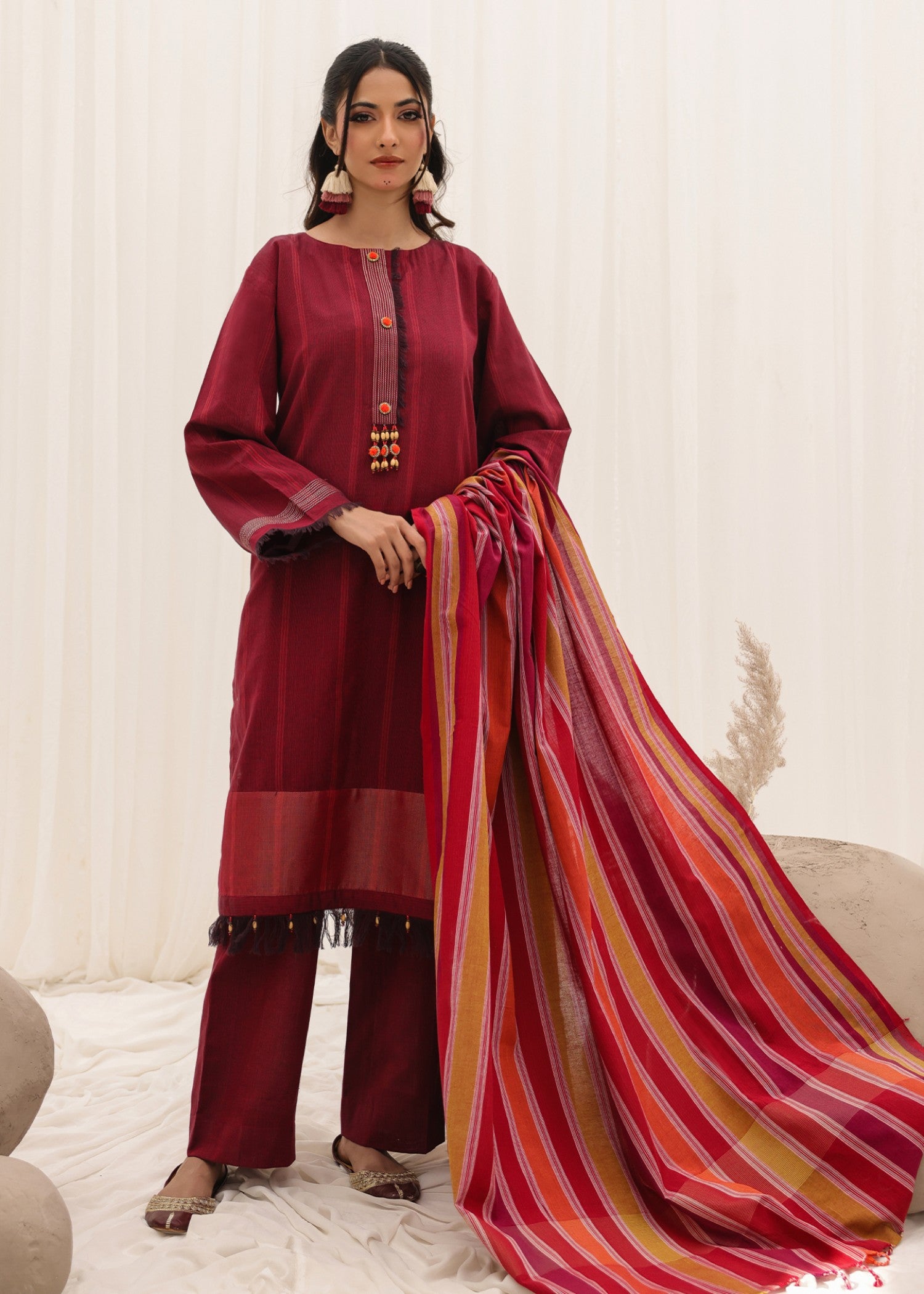 yarn dyed jacquard Unstitched in Maroon