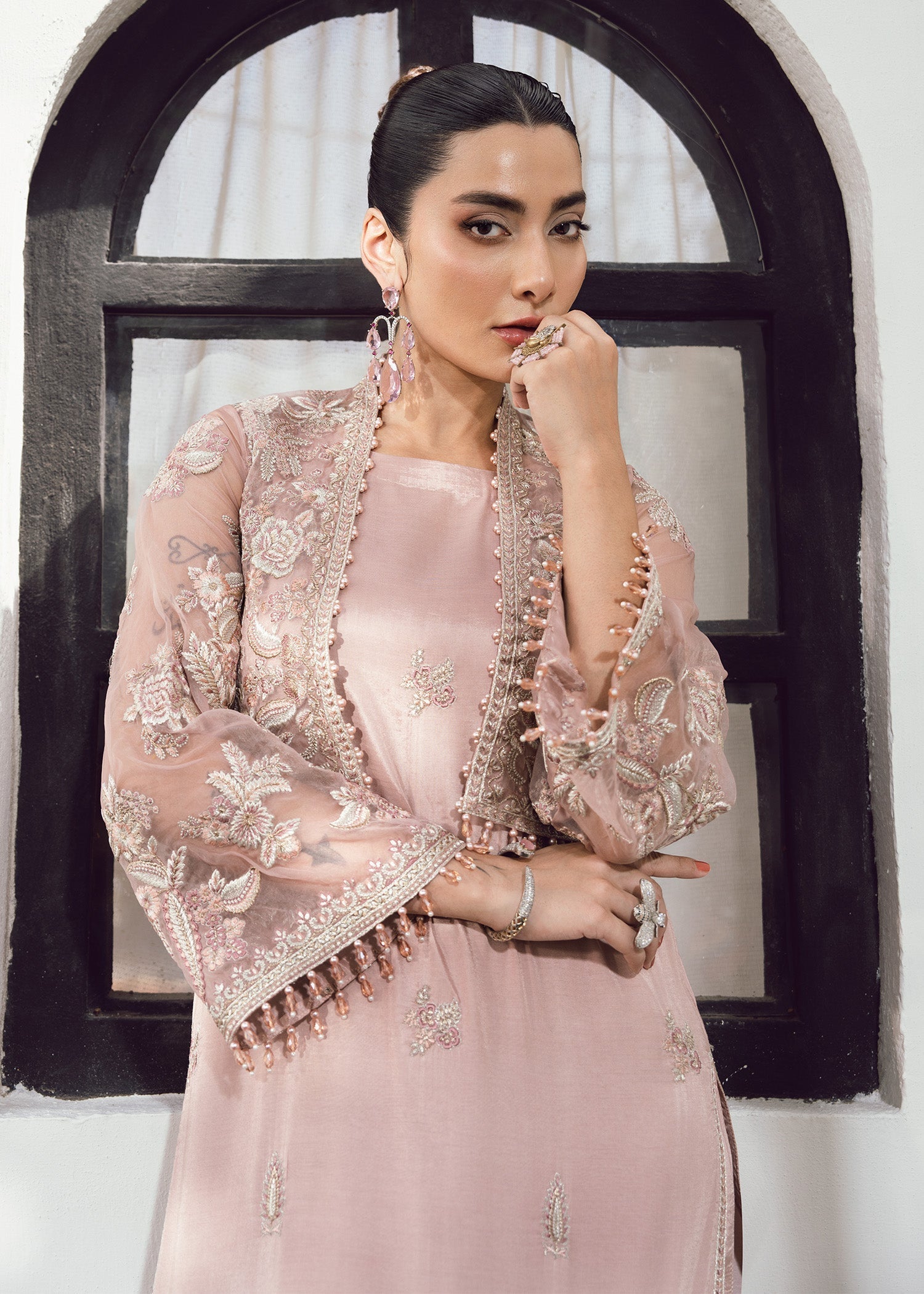 raw silk Kurta Set in Tea rose pink